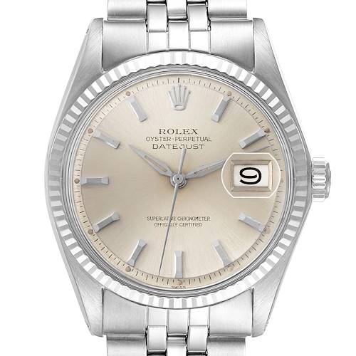 The Rolex Datejust 1601 Men's Stainless Steel Silver Dial 1601 Men's Stainless Steel Silver Dial watch is shown from a front angle displaying the dial, bezel, crown, and part of the bracelet.