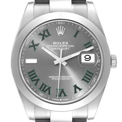 This is a close-up front view of the Rolex Datejust 41 126300 Men's Stainless Steel Grey Dial 126300 Men's Stainless Steel Grey Dial, showcasing the dial, hands, crown, and bezel.