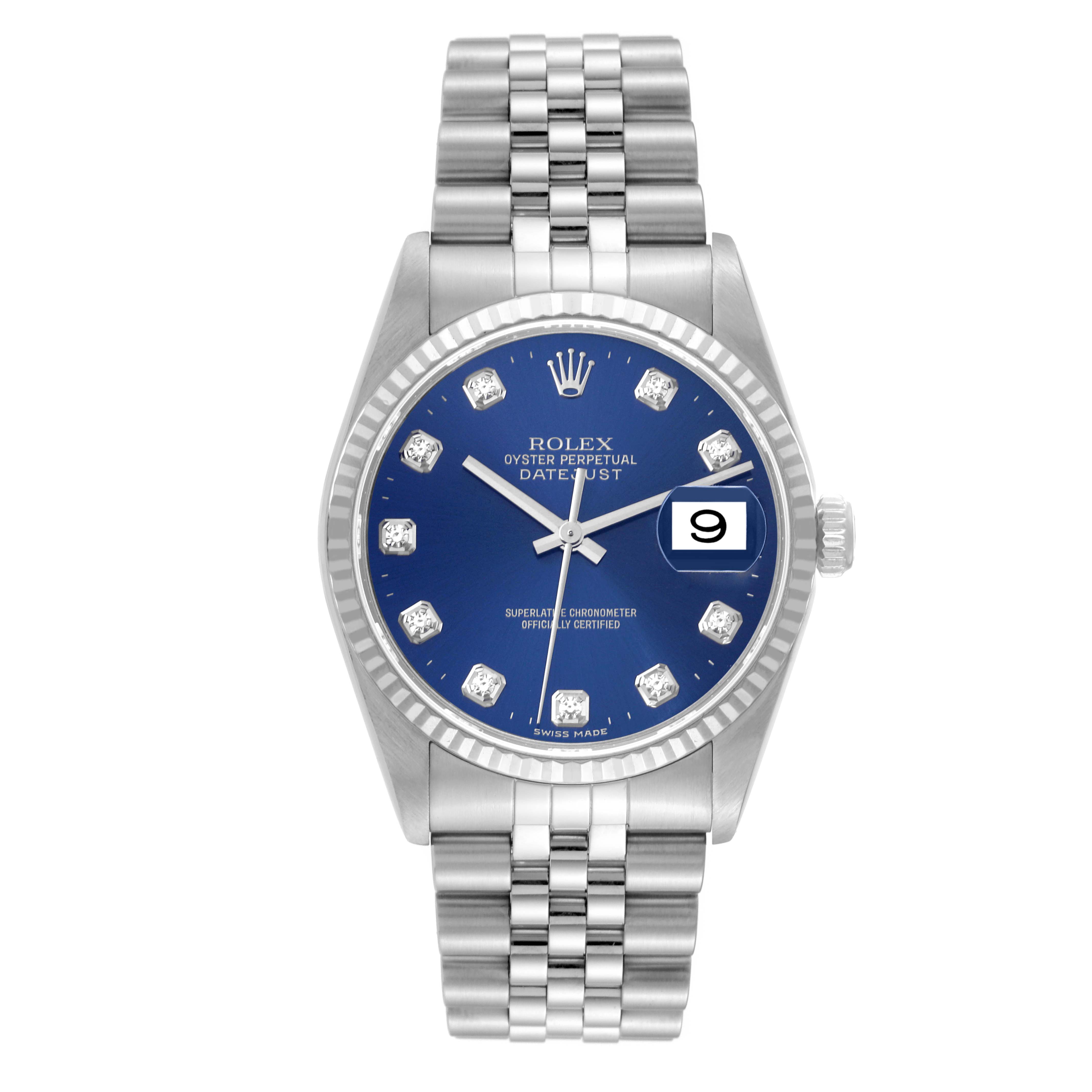 The Rolex Datejust 16234 Men's Stainless Steel Blue Dial 16234 Men's Stainless Steel Blue Dial watch is shown from the front, displaying its blue dial, diamond hour markers, date window, and jubilee bracelet.