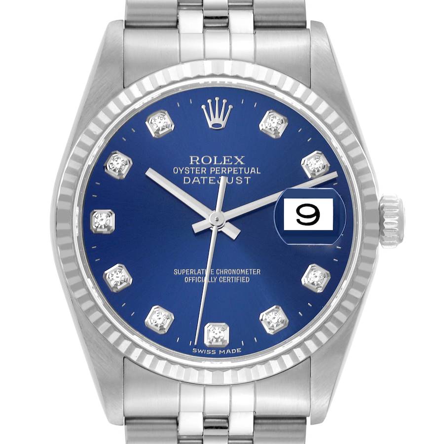 The Rolex Datejust 16234 Men's Stainless Steel Blue Dial 16234 Men's Stainless Steel Blue Dial watch is shown from a front angle, displaying the blue dial, date window, and part of the bracelet.