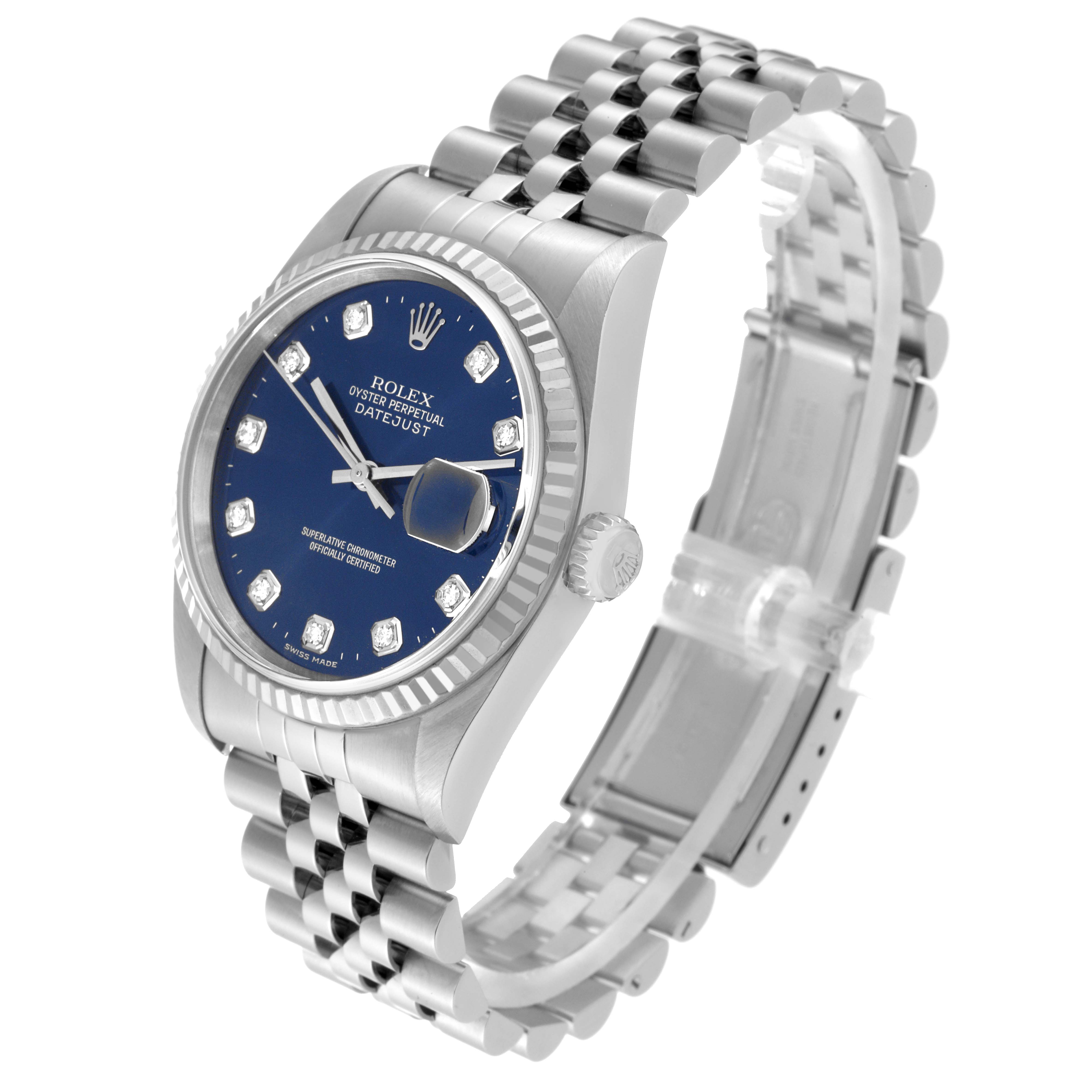 This Rolex Datejust 16234 Men's Stainless Steel Blue Dial 16234 Men's Stainless Steel Blue Dial watch is shown at a three-quarter angle, highlighting the face, bracelet, and crown.