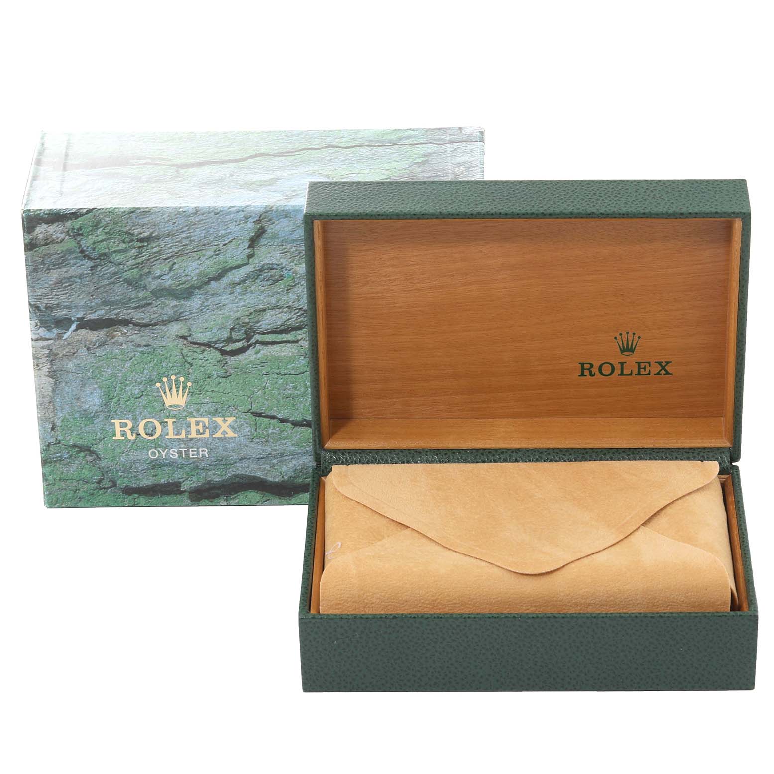 The image shows a Rolex Datejust 16234 Men's Stainless Steel Blue Dial 16234 Men's Stainless Steel Blue Dial watch box and protective case, with the box open and the watch wrapped inside a brown soft cover.