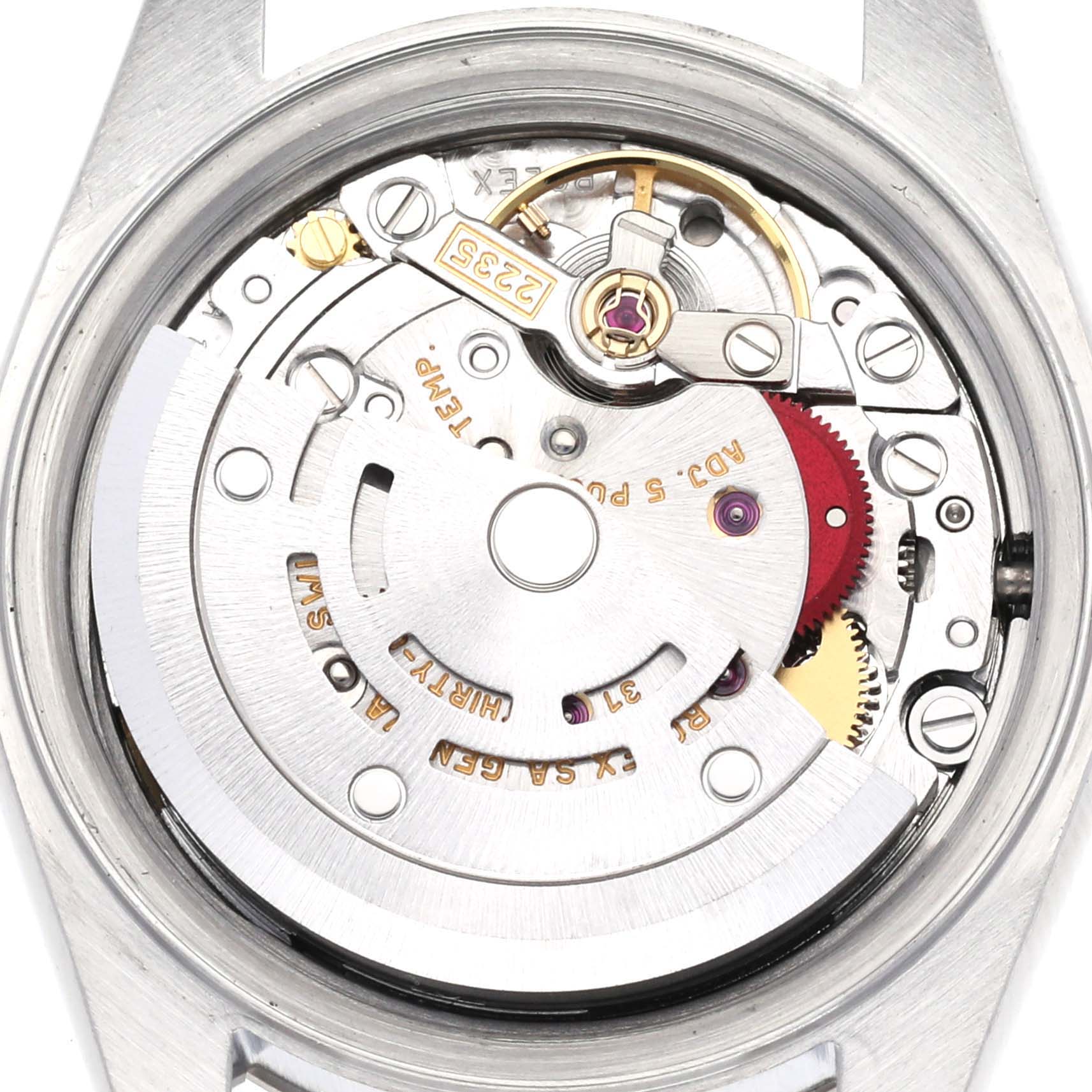 The image shows the internal mechanism of a Rolex Datejust 79174 Women's Stainless Steel Blue Dial 79174 Women's Stainless Steel Blue Dial watch from a top-down angle.