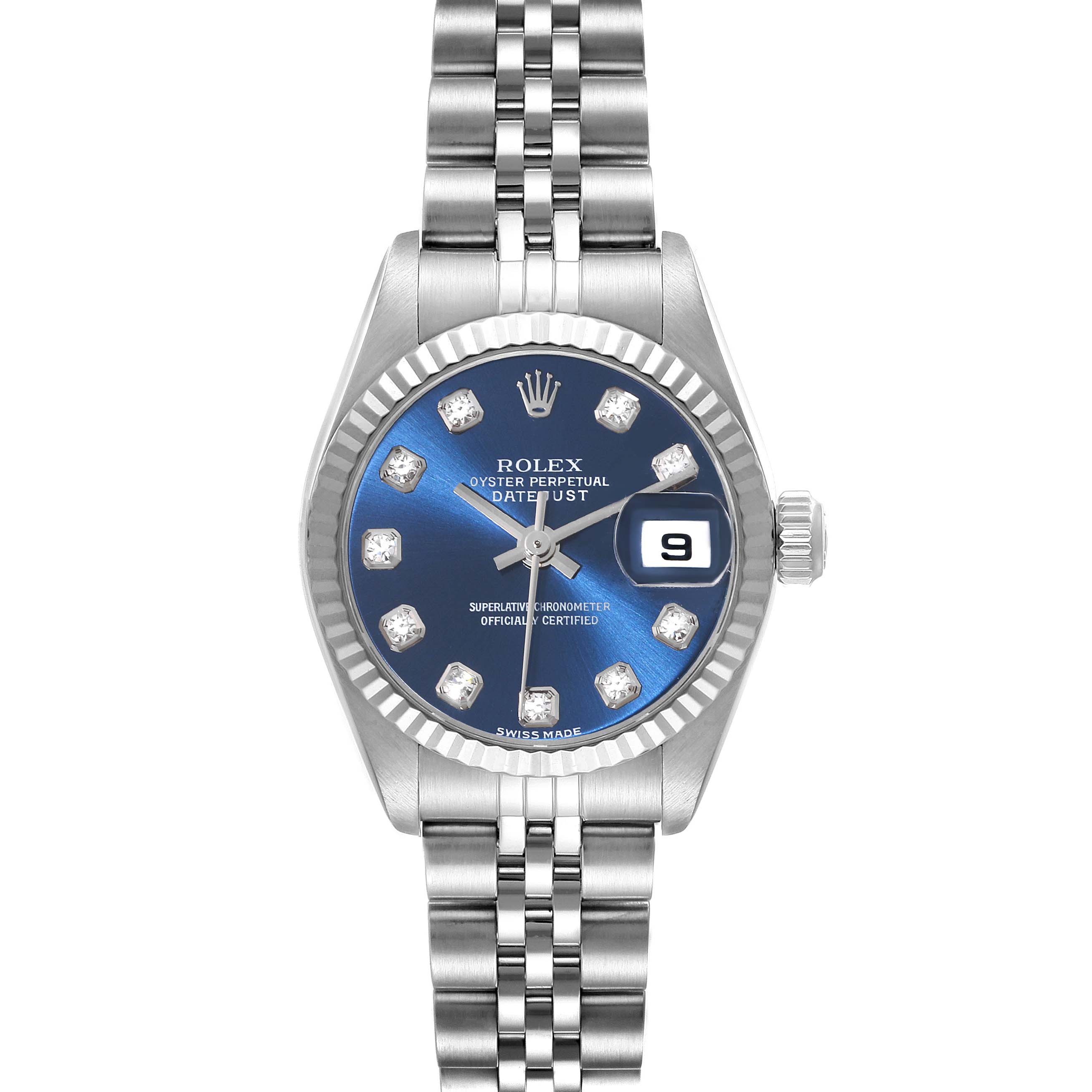 The image shows a full frontal view of a Rolex Datejust 79174 Women's Stainless Steel Blue Dial 79174 Women's Stainless Steel Blue Dial watch with a blue dial and silver bracelet.