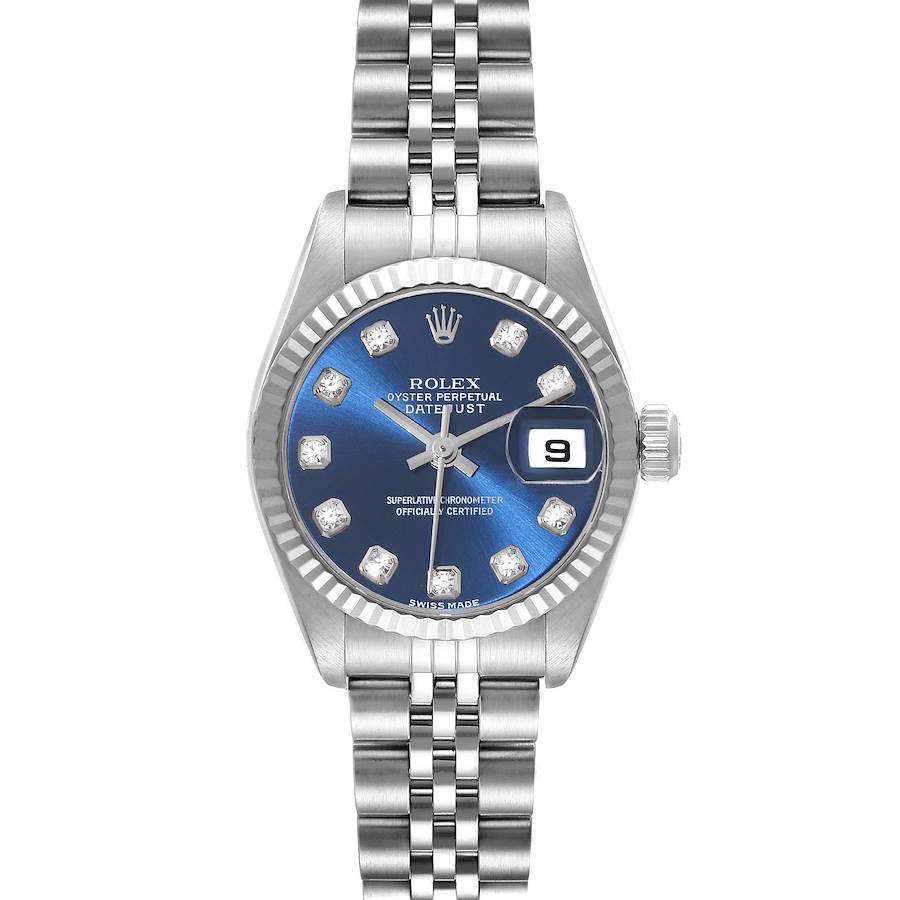 The image shows a full frontal view of a Rolex Datejust 79174 Women's Stainless Steel Blue Dial 79174 Women's Stainless Steel Blue Dial watch with a blue dial and silver bracelet.