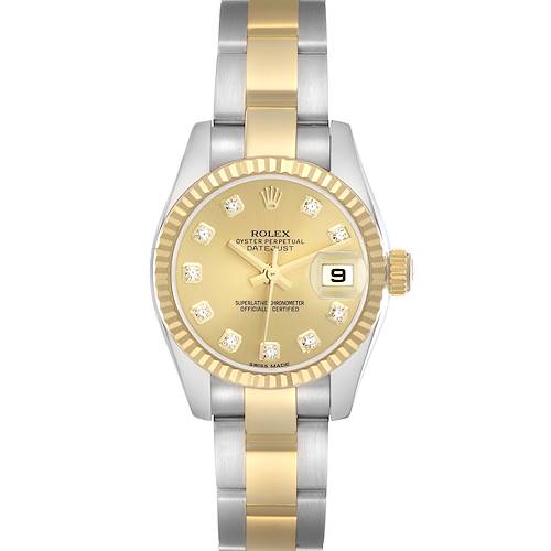 The Rolex Datejust 179173 Women's Steel and Gold (two tone) Champagne Dial 179173 Women's Steel and Gold (two tone) Champagne Dial watch is shown from a top-down angle, highlighting the gold dial, fluted bezel, and two-tone bracelet.