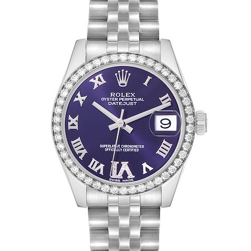 The Rolex Mid-Size 178384 Women's Stainless Steel Purple Dial 178384 Women's Stainless Steel Purple Dial model is shown from the front, featuring a purple dial, Roman numerals, diamond bezel, and metal bracelet.