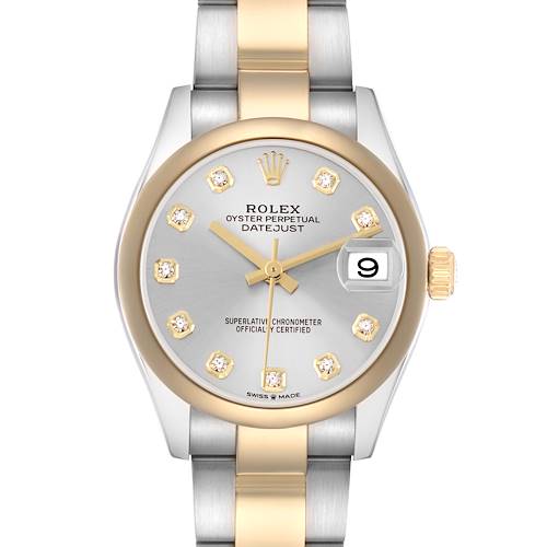 The Rolex Datejust 278243 Women's Steel and Gold (two tone) Silver Dial 278243 Women's Steel and Gold (two tone) Silver Dial watch is shown from a front angle, highlighting the dial, bezel, and part of the bracelet with a date window.