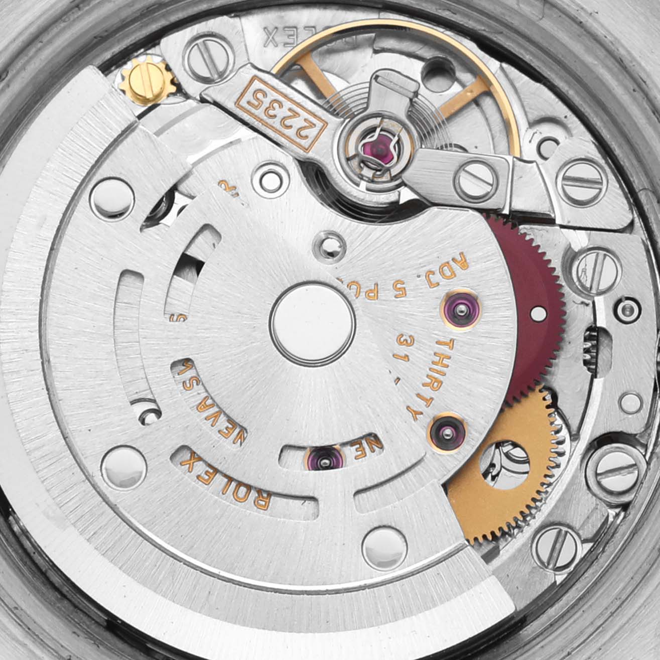 This image shows a close-up view of the movement and internal mechanics of the Rolex Datejust 179174 Women's Stainless Steel Black Dial 179174 Women's Stainless Steel Black Dial watch.