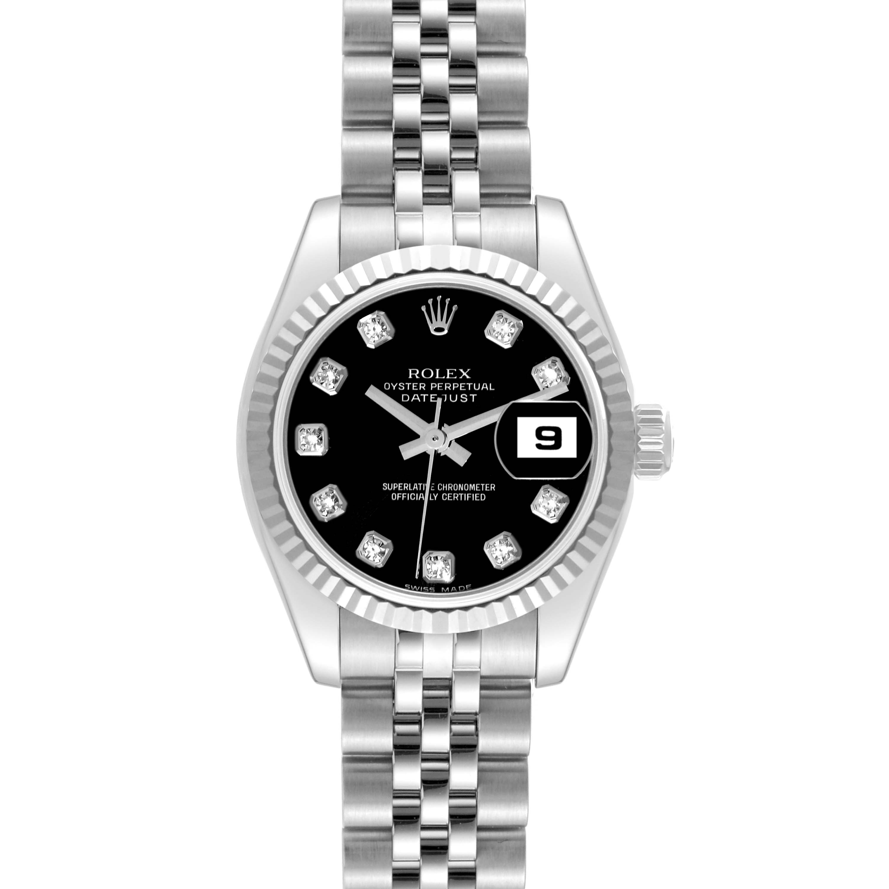 The image shows a Rolex Datejust 179174 Women's Stainless Steel Black Dial 179174 Women's Stainless Steel Black Dial watch, focused on the face, dial, and part of the bracelet, from a top-down perspective.
