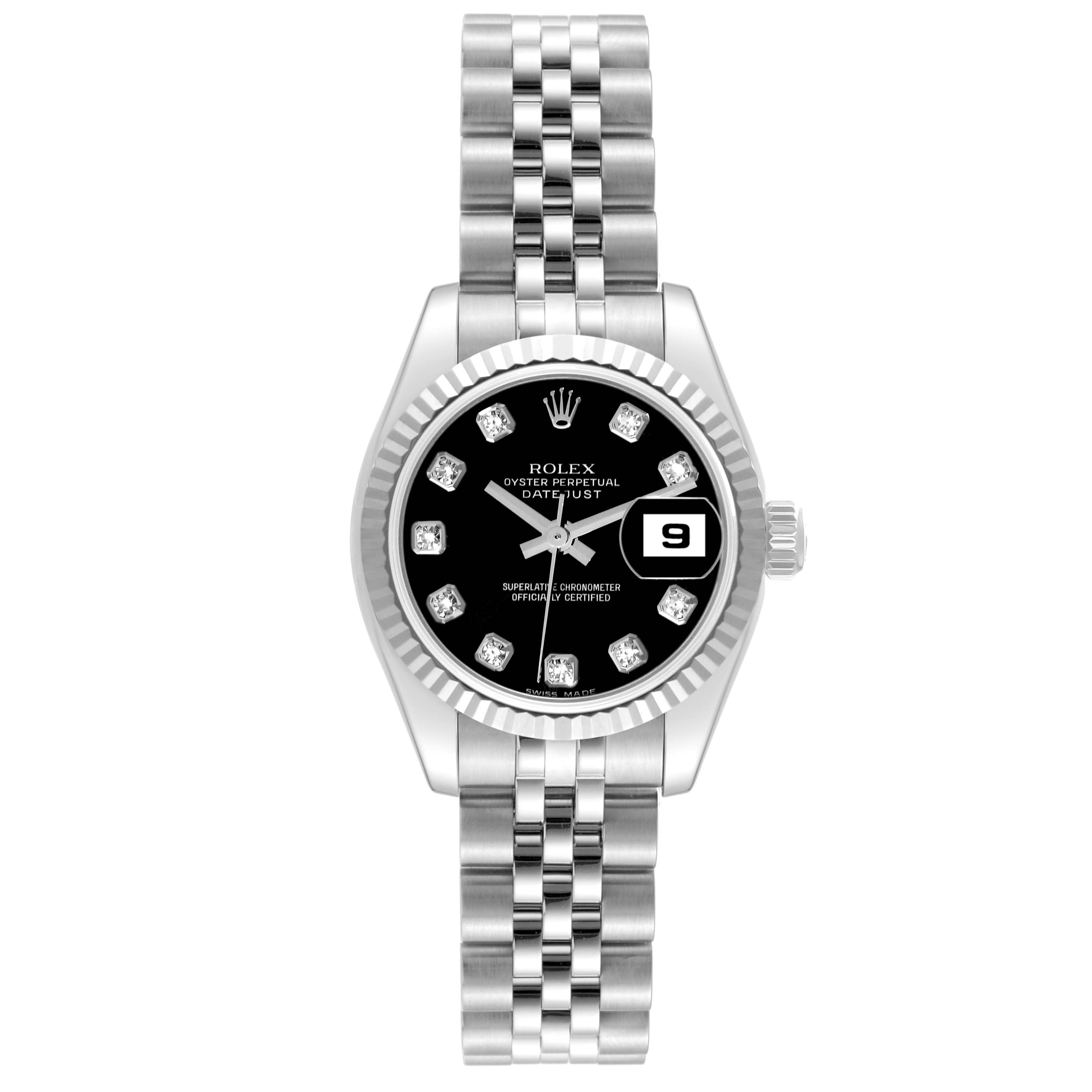 The image shows a Rolex Datejust 179174 Women's Stainless Steel Black Dial 179174 Women's Stainless Steel Black Dial watch from the front, highlighting its bracelet, black dial, and date display.