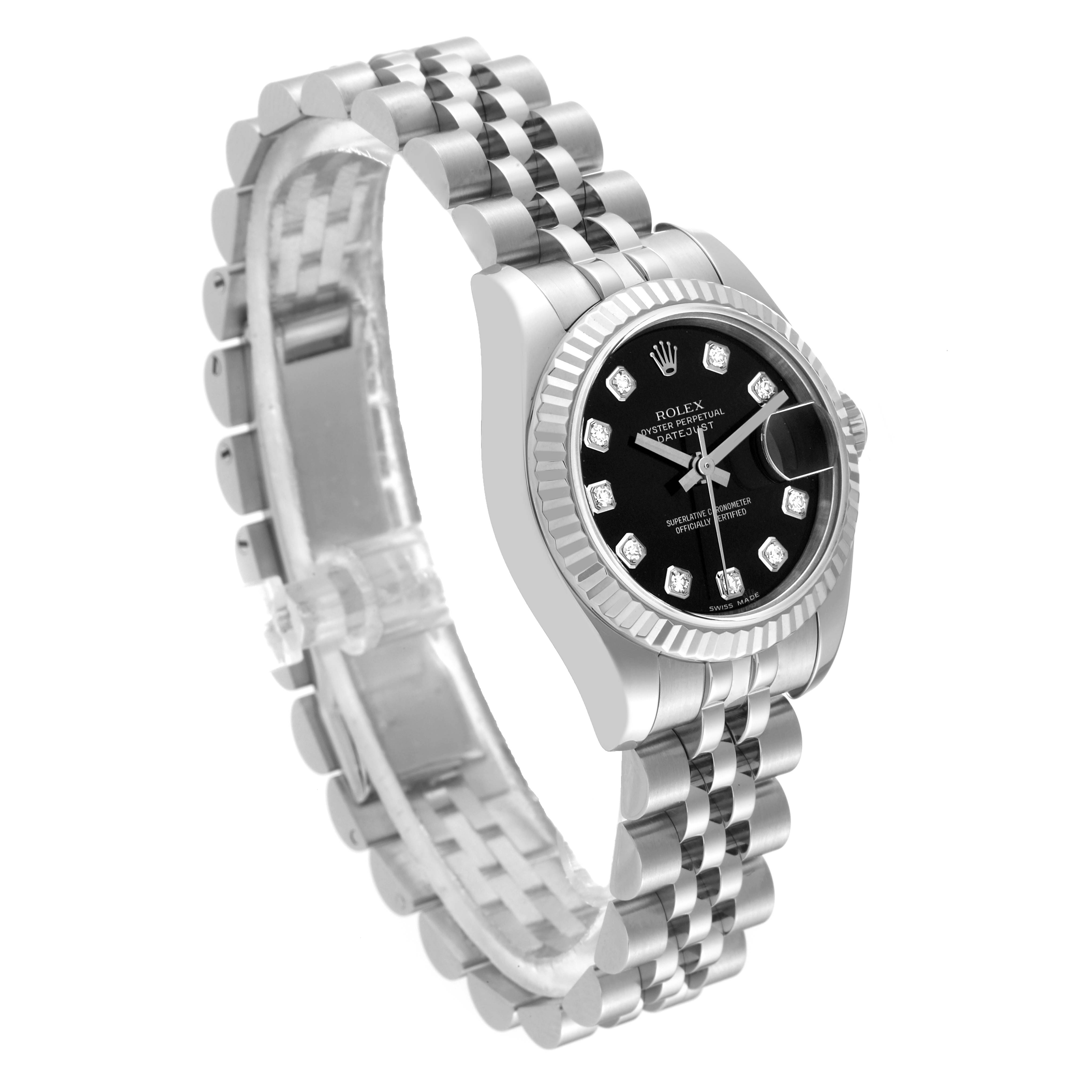 This image shows a side and angled top view of a Rolex Datejust 179174 Women's Stainless Steel Black Dial 179174 Women's Stainless Steel Black Dial watch, highlighting its bracelet, dial, and bezel.