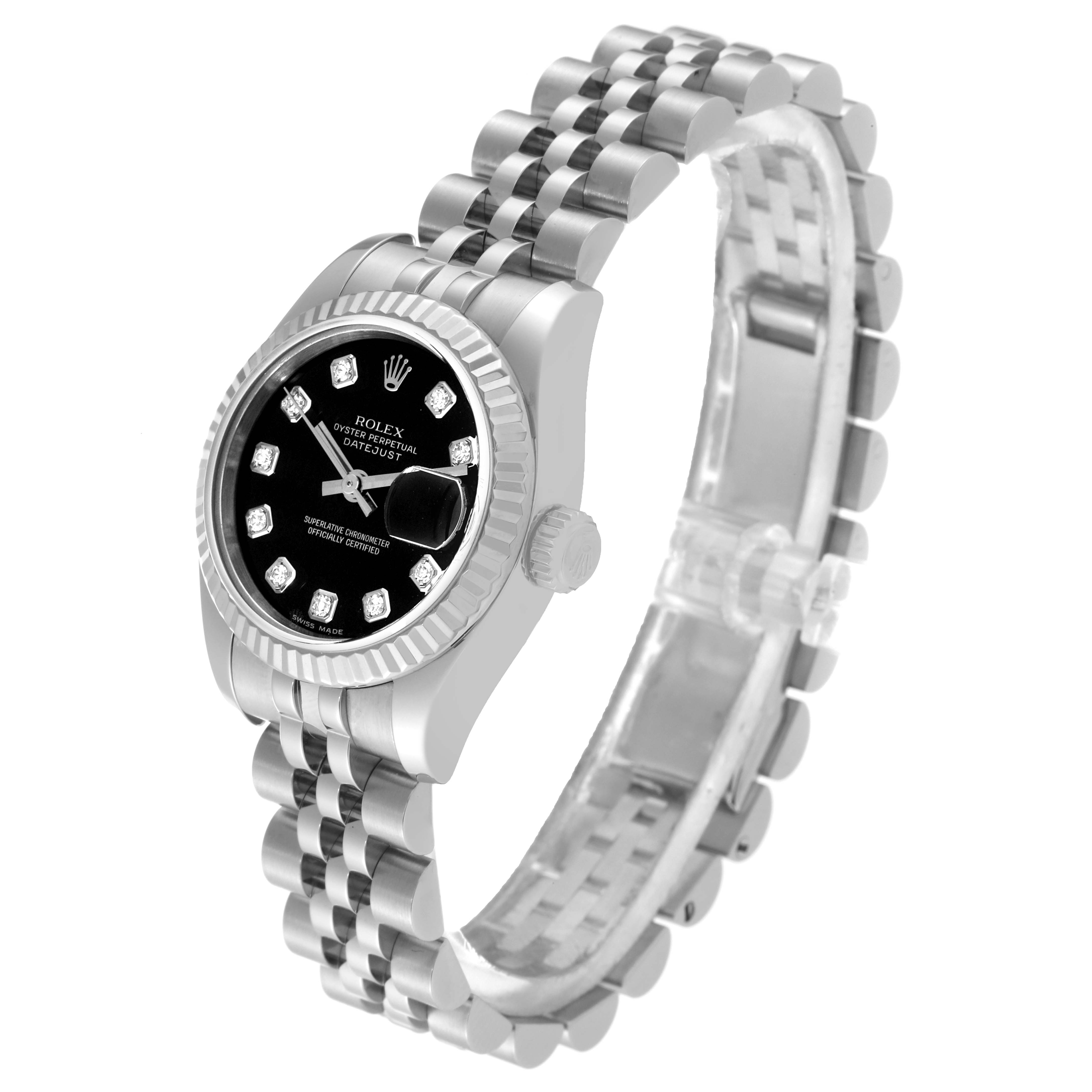 This image shows a Rolex Datejust 179174 Women's Stainless Steel Black Dial 179174 Women's Stainless Steel Black Dial model from an angled side view, highlighting the dial, bezel, and bracelet.