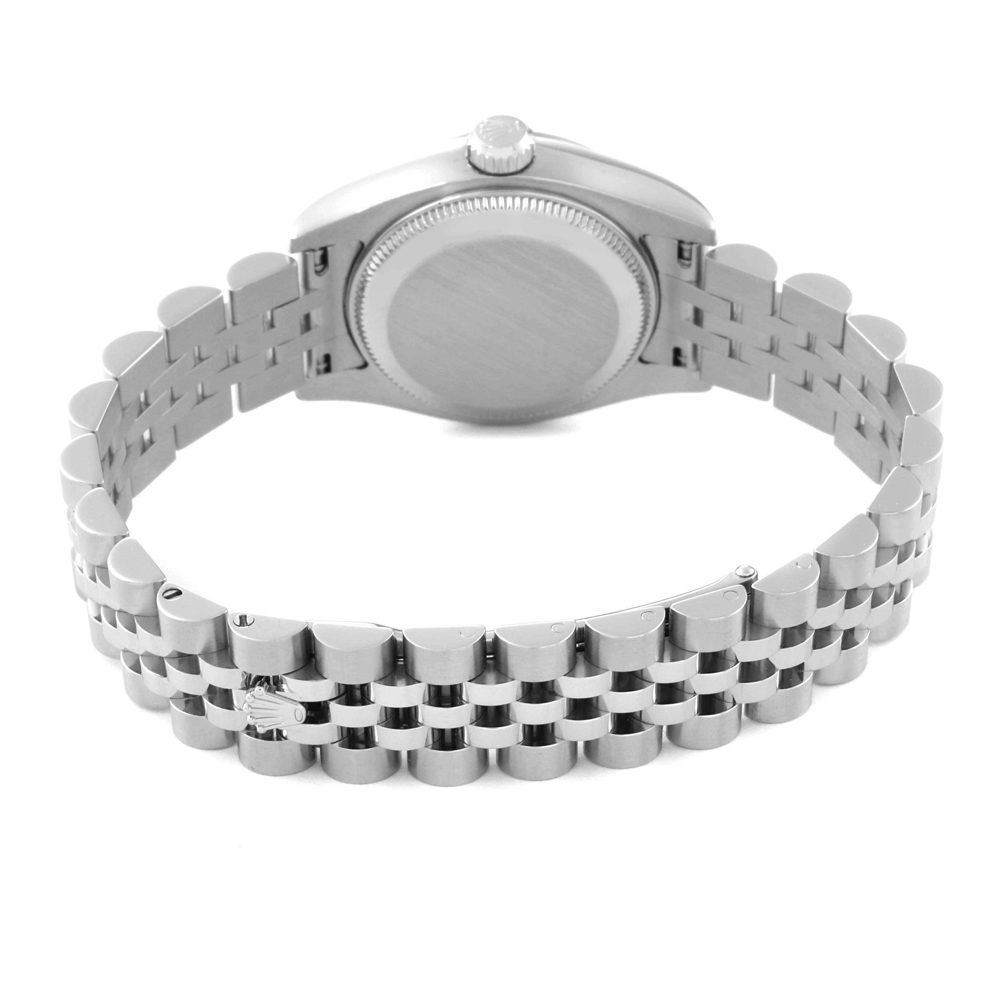 This image shows the back case and the bracelet of the Rolex Datejust 179174 Women's Stainless Steel Black Dial 179174 Women's Stainless Steel Black Dial watch from a rear angle.