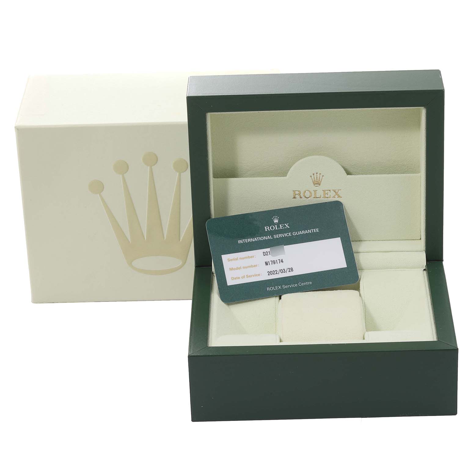 The image shows a green Rolex Datejust 179174 Women's Stainless Steel Black Dial 179174 Women's Stainless Steel Black Dial watch box and an international service guarantee card, photographed from the front angle.