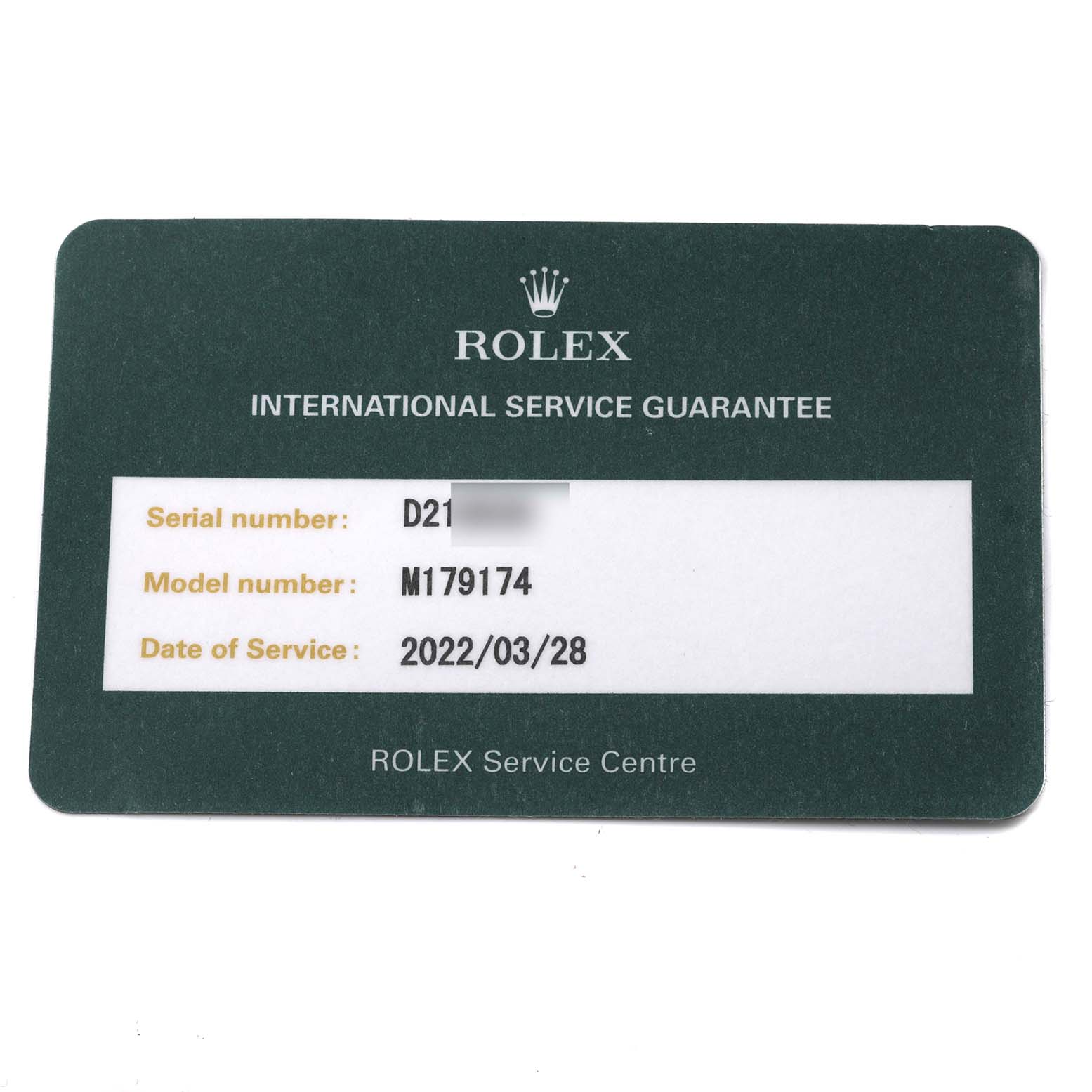 This image shows a Rolex Datejust 179174 Women's Stainless Steel Black Dial 179174 Women's Stainless Steel Black Dial International Service Guarantee card with the model number, serial number, and date of service.