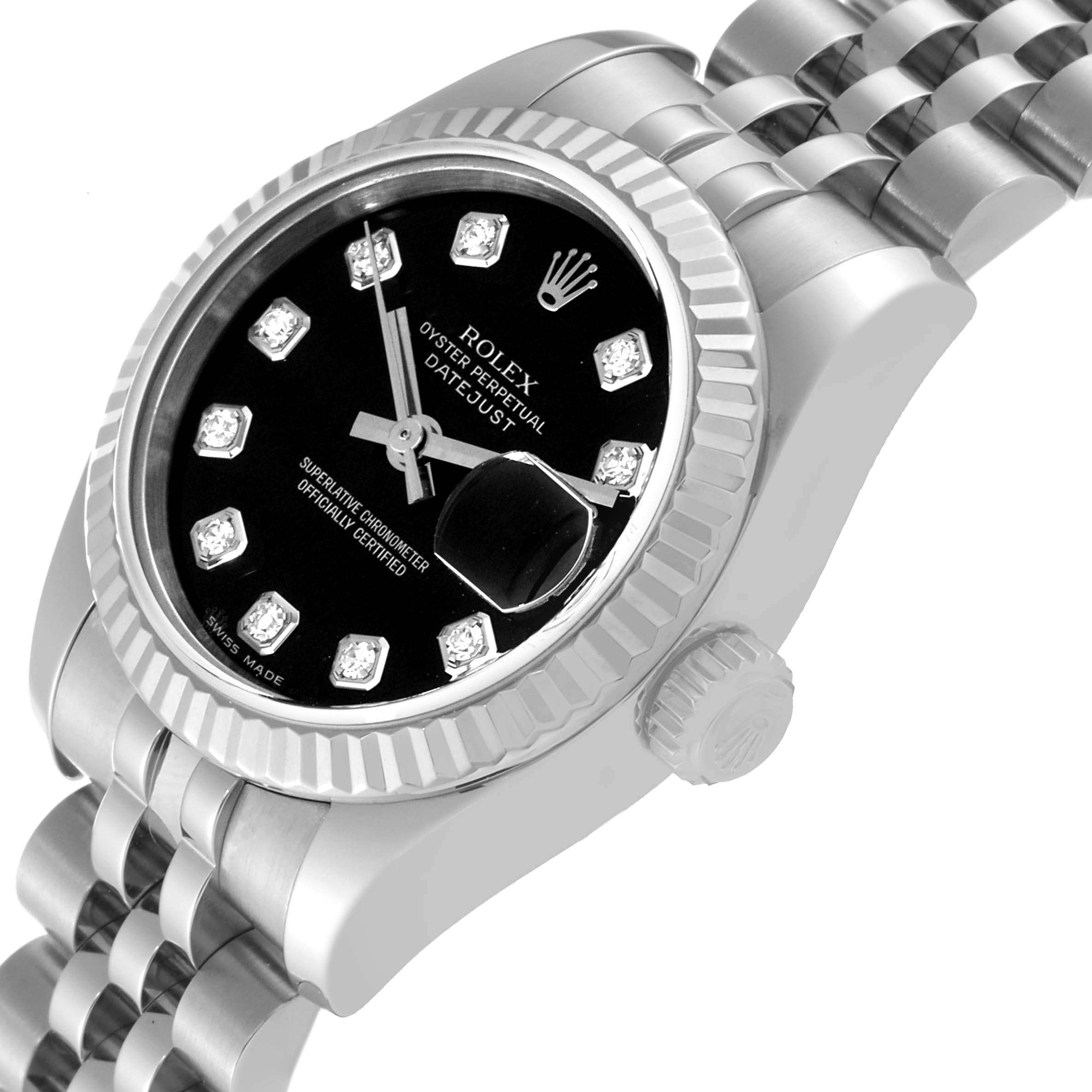This image shows a Rolex Datejust 179174 Women's Stainless Steel Black Dial 179174 Women's Stainless Steel Black Dial watch from a slightly angled top view, highlighting the dial, fluted bezel, and part of the bracelet.