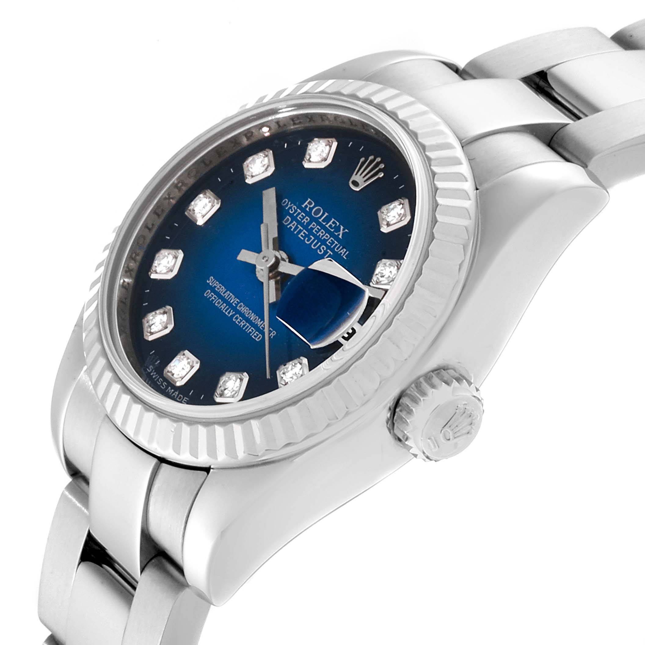 This image shows the Rolex Datejust 179174 Women's Stainless Steel Blue Dial 179174 Women's Stainless Steel Blue Dial watch at a tilted angle, highlighting the crown, bezel, dial, and part of the bracelet.