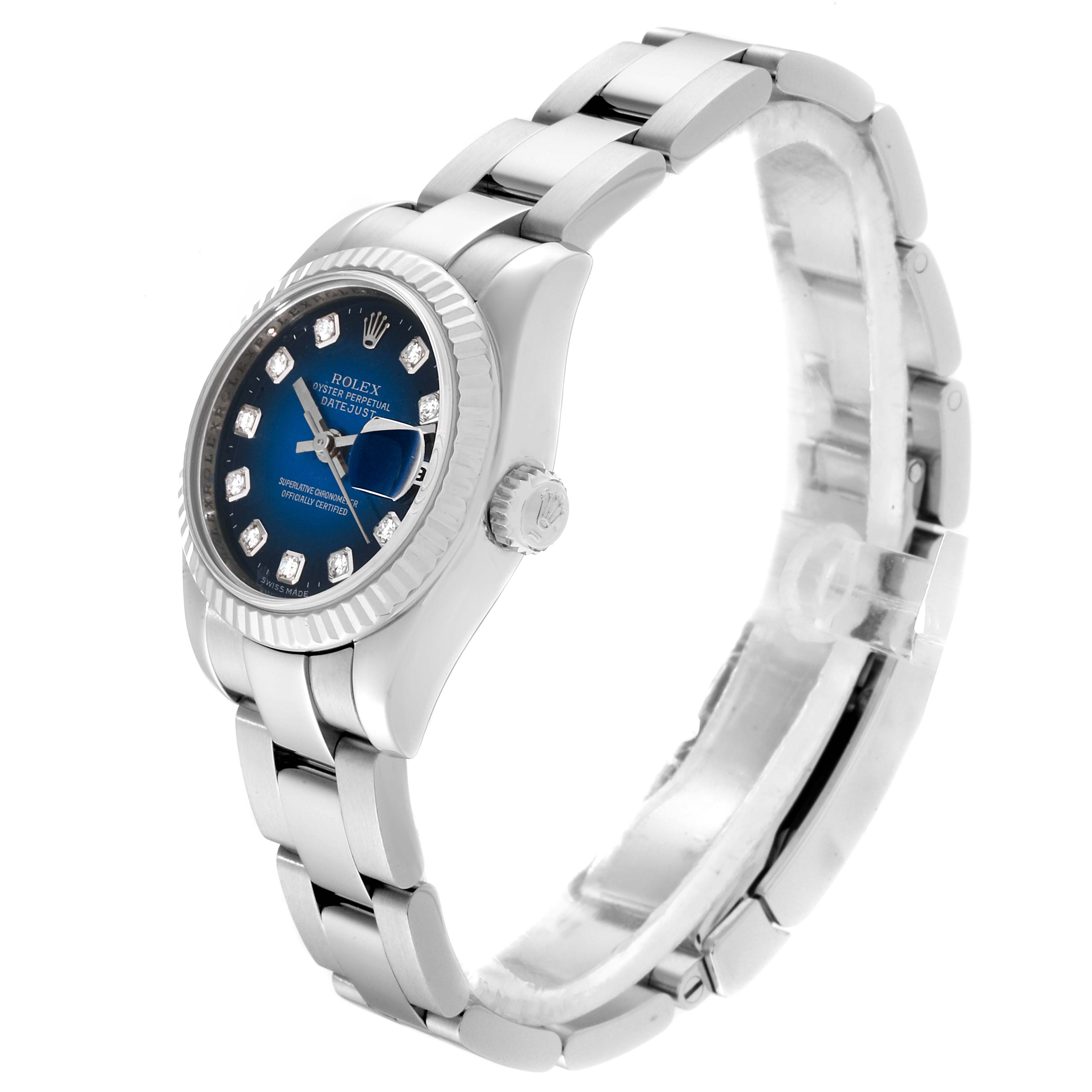 The image shows a Rolex Datejust 179174 Women's Stainless Steel Blue Dial 179174 Women's Stainless Steel Blue Dial watch at a slight side angle, highlighting its face, fluted bezel, and bracelet.