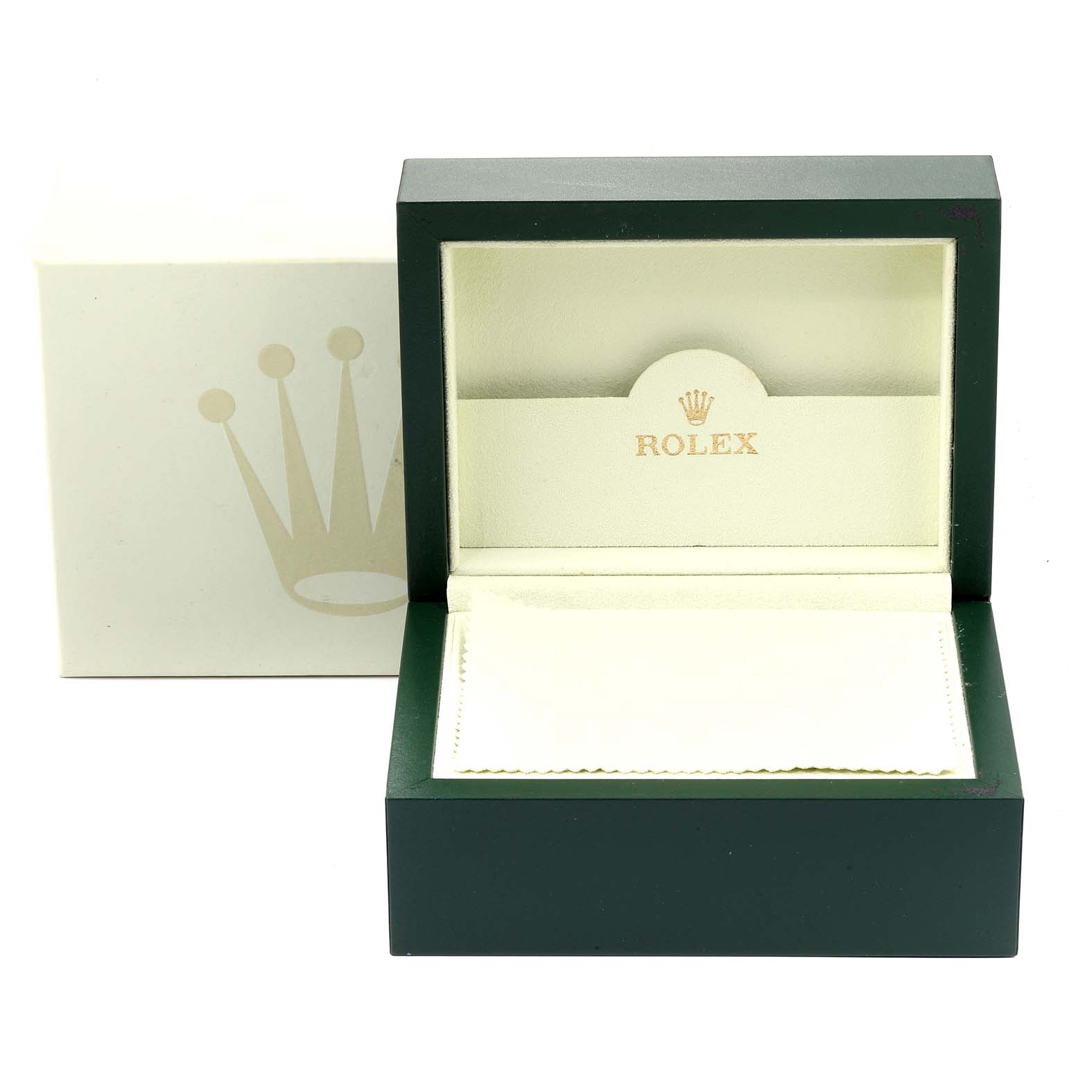 The image shows an open Rolex Datejust 179174 Women's Stainless Steel Blue Dial 179174 Women's Stainless Steel Blue Dial watch box with a cleaning cloth and an outer case in the background.