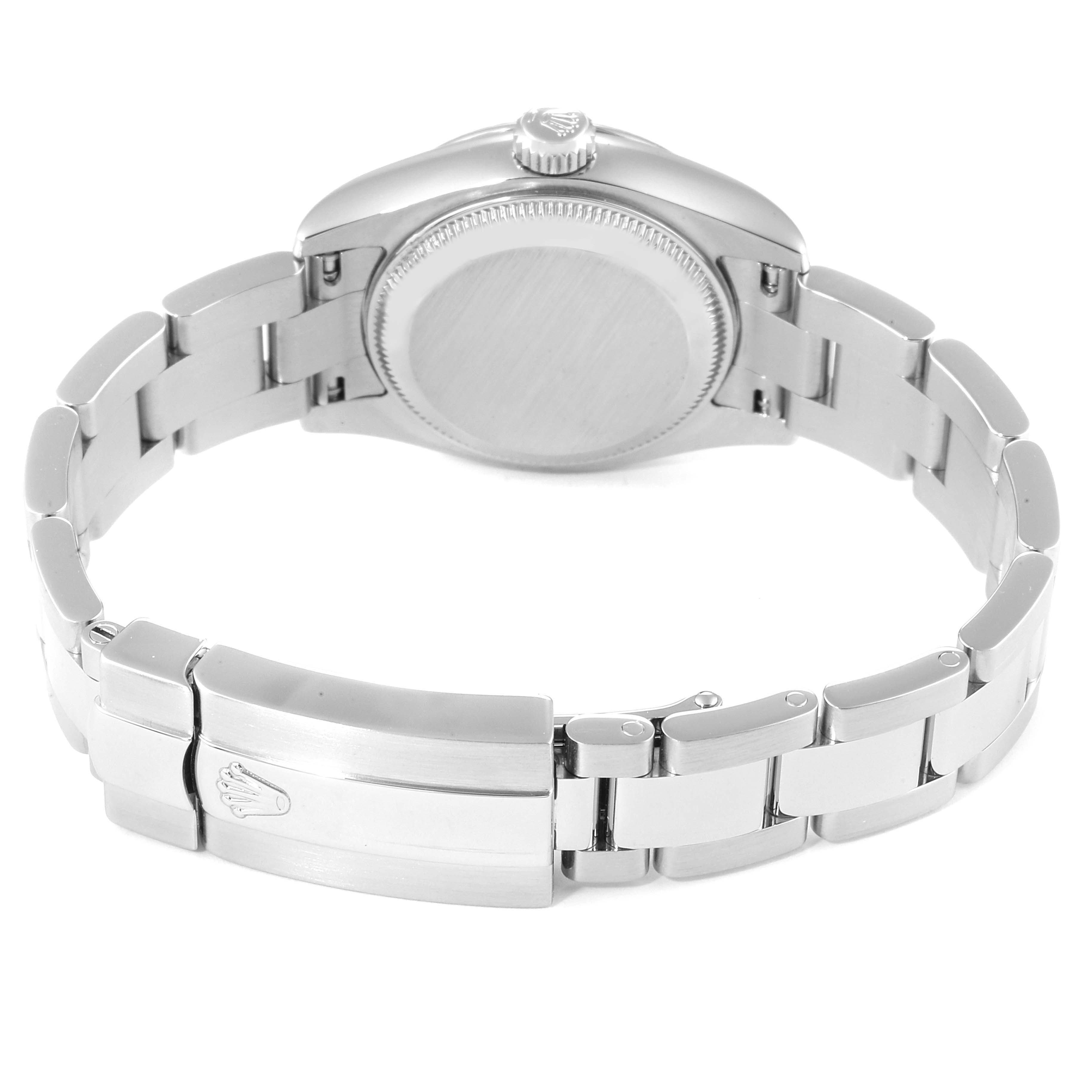 This image shows the back case and bracelet clasp of a Rolex Datejust 179174 Women's Stainless Steel Blue Dial 179174 Women's Stainless Steel Blue Dial watch.