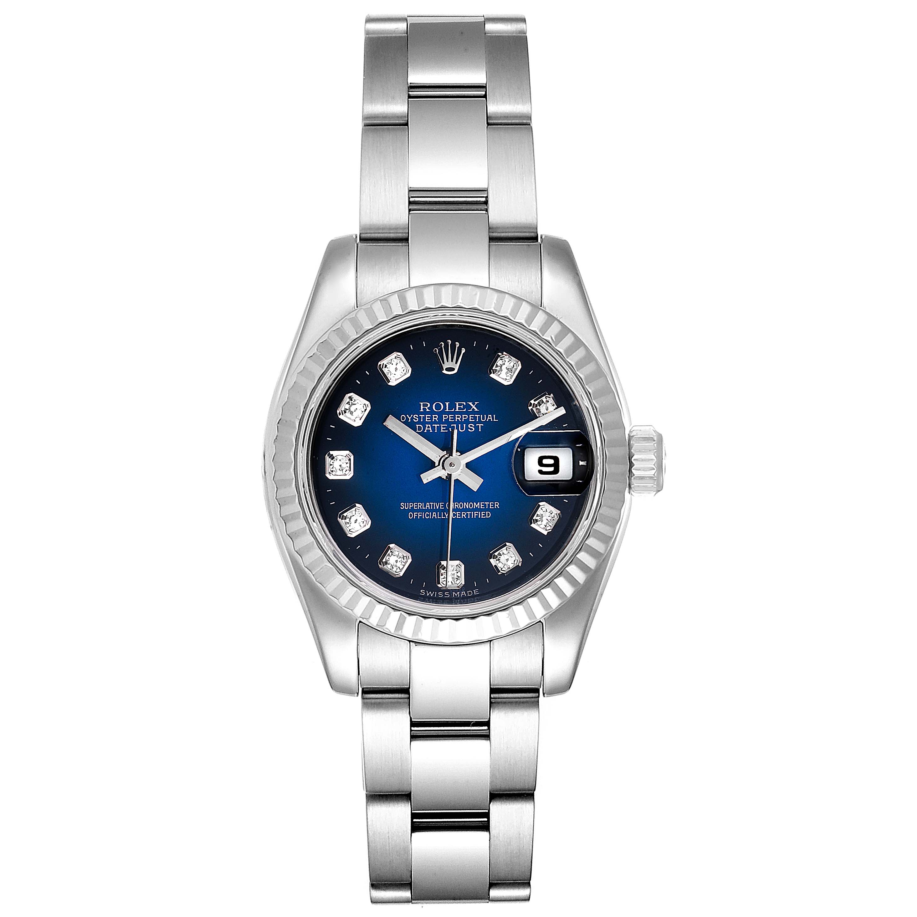 The image shows a Rolex Datejust 179174 Women's Stainless Steel Blue Dial 179174 Women's Stainless Steel Blue Dial watch from a front angle, displaying the face, bezel, case, bracelet, and crown.