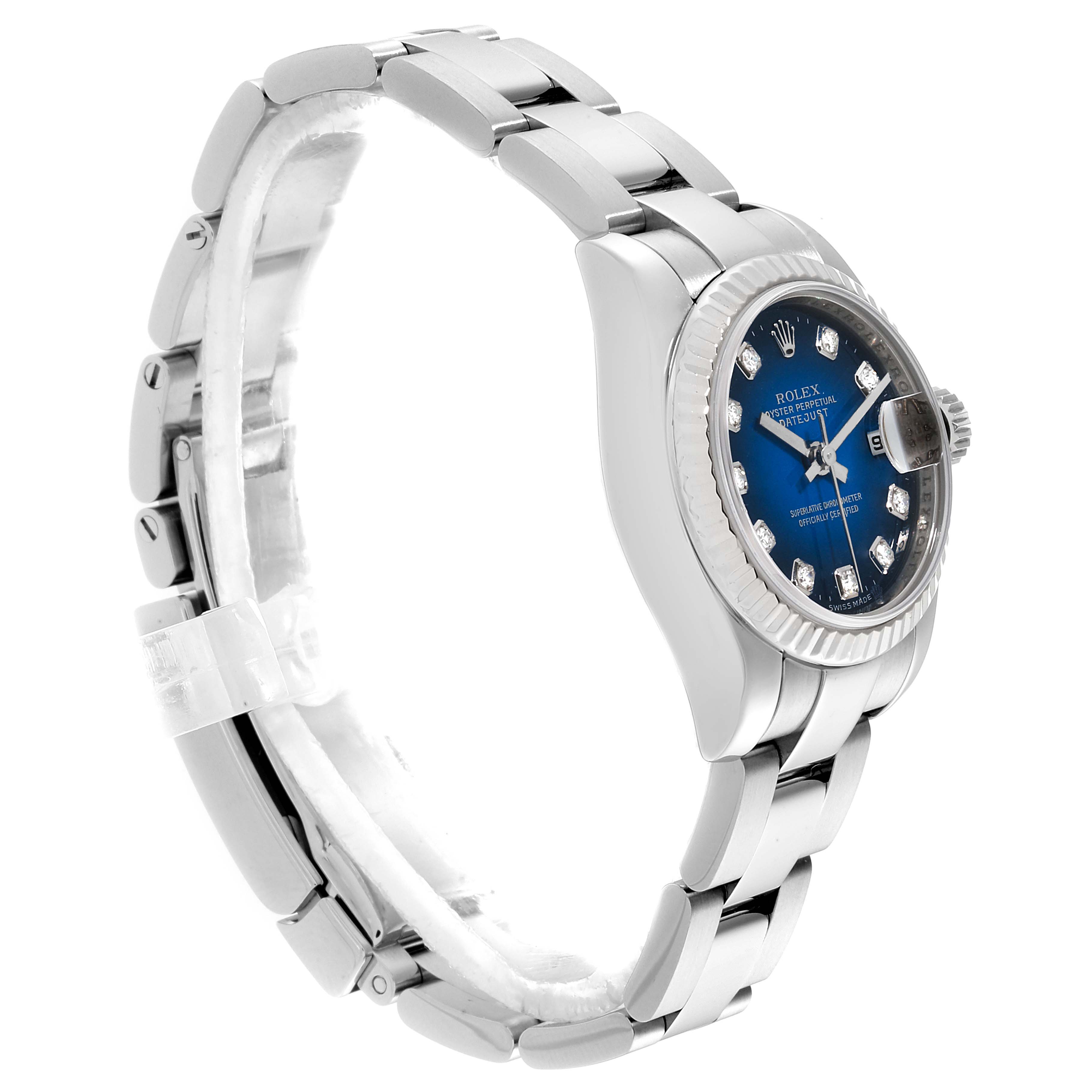 The image shows a side angle of a Rolex Datejust 179174 Women's Stainless Steel Blue Dial 179174 Women's Stainless Steel Blue Dial watch, highlighting its bracelet and part of its blue dial with diamond markers.