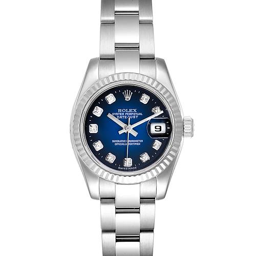 The Rolex Datejust 179174 Women's Stainless Steel Blue Dial 179174 Women's Stainless Steel Blue Dial watch is shown from the front, displaying its face, bracelet, and bezel.