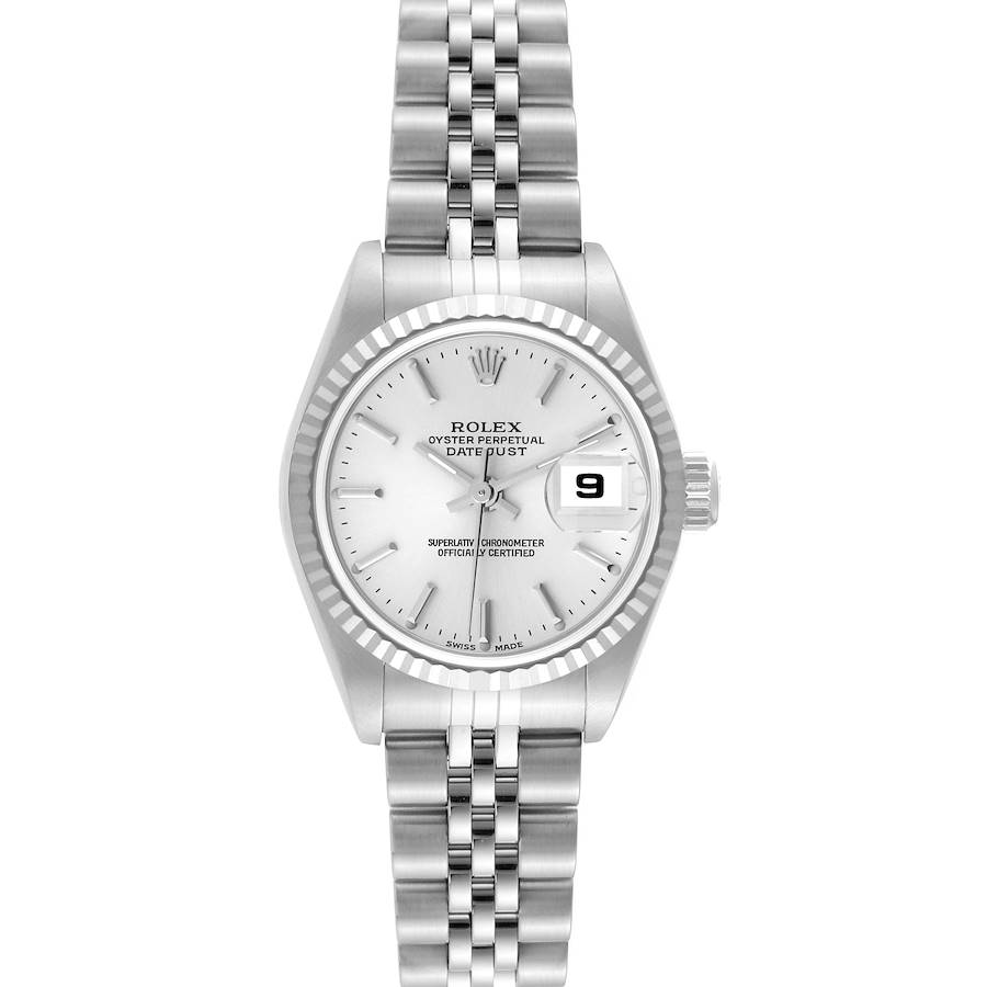 This image shows the front view of the Rolex Datejust 79174 Women's Stainless Steel Silver Dial 79174 Women's Stainless Steel Silver Dial, featuring a silver dial, fluted bezel, and jubilee bracelet.