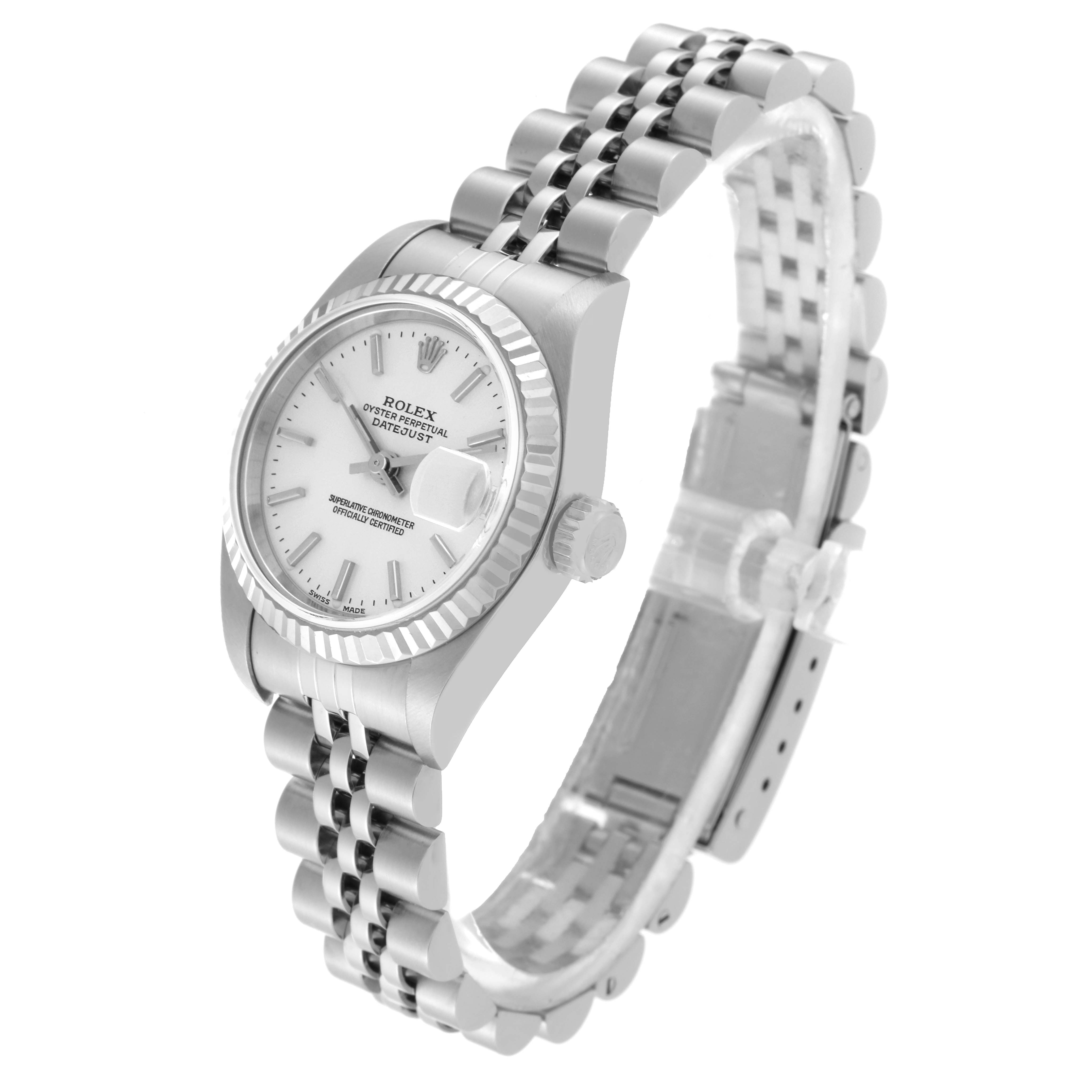 The image shows a three-quarter view of a Rolex Datejust 79174 Women's Stainless Steel Silver Dial 79174 Women's Stainless Steel Silver Dial watch, highlighting the face, bezel, and bracelet.