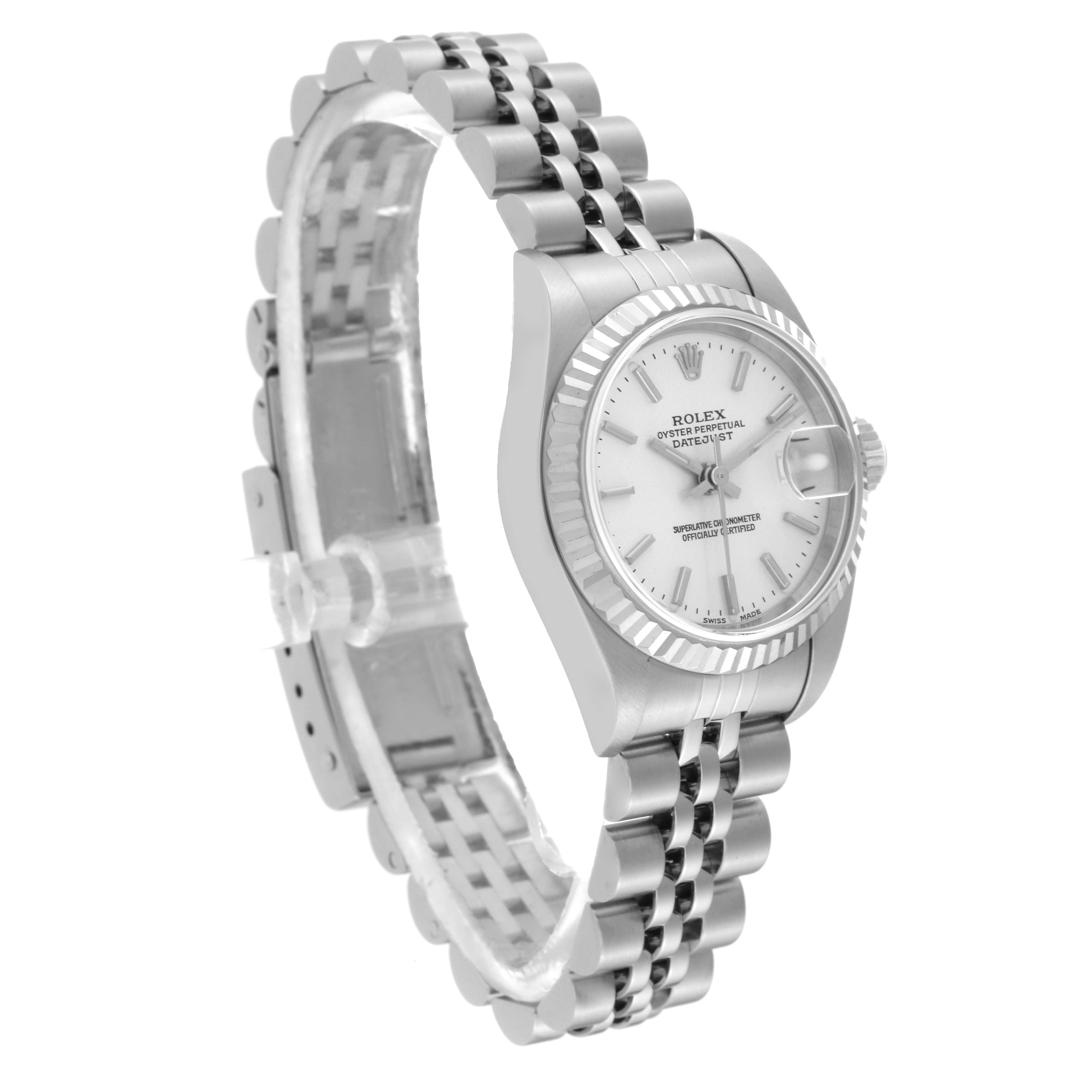 This image shows a Rolex Datejust 79174 Women's Stainless Steel Silver Dial 79174 Women's Stainless Steel Silver Dial watch at a side angle, highlighting the bracelet and face with a fluted bezel.