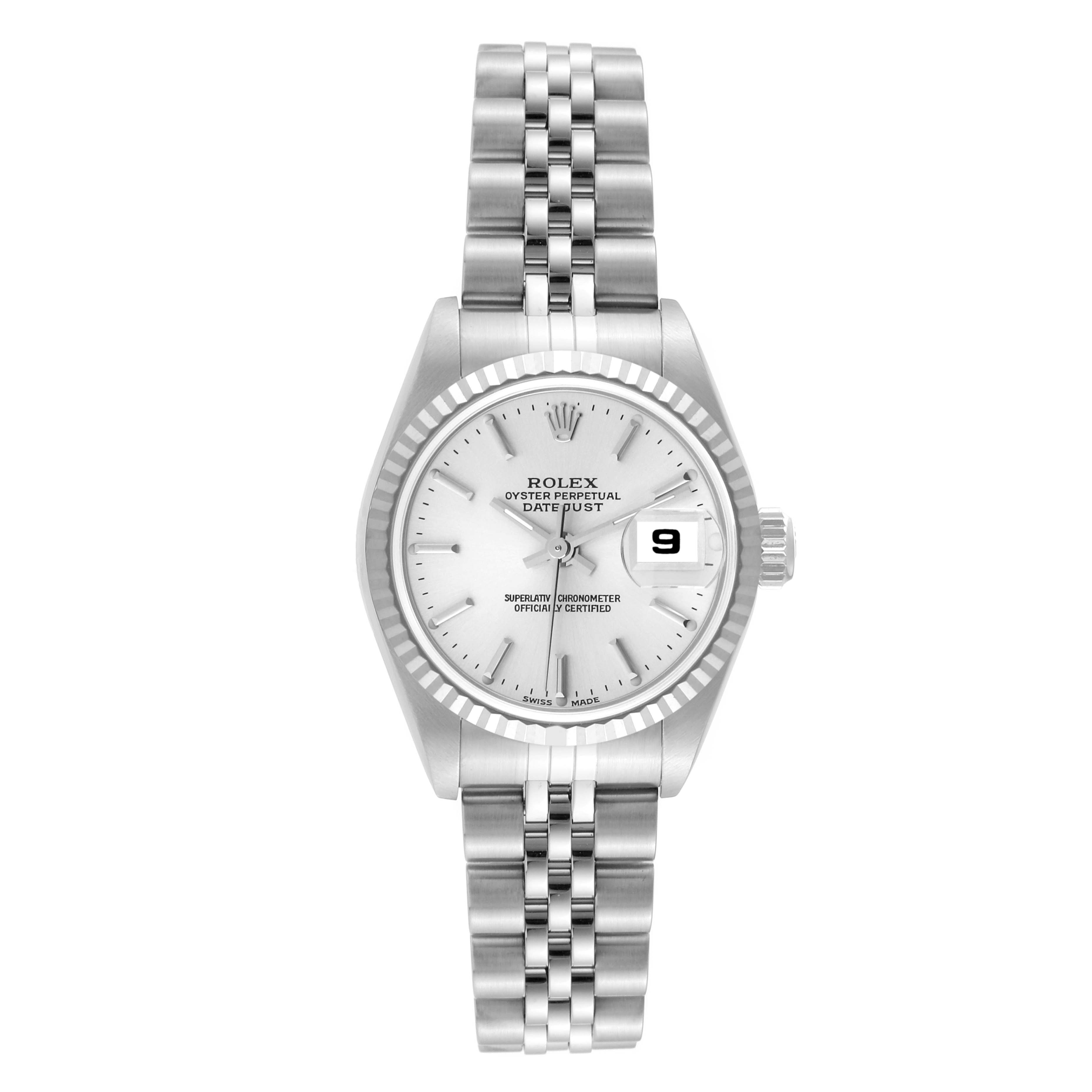 The image shows a front view of the Rolex Datejust 79174 Women's Stainless Steel Silver Dial 79174 Women's Stainless Steel Silver Dial model, highlighting its dial, bezel, and stainless steel bracelet.
