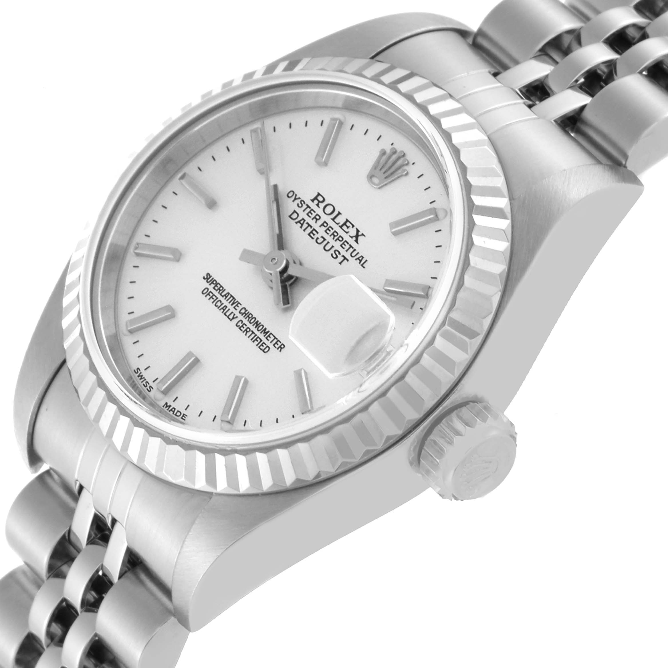 This image shows a close-up angle of a Rolex Datejust 79174 Women's Stainless Steel Silver Dial 79174 Women's Stainless Steel Silver Dial watch, highlighting the dial, bezel, crown, and part of the bracelet.