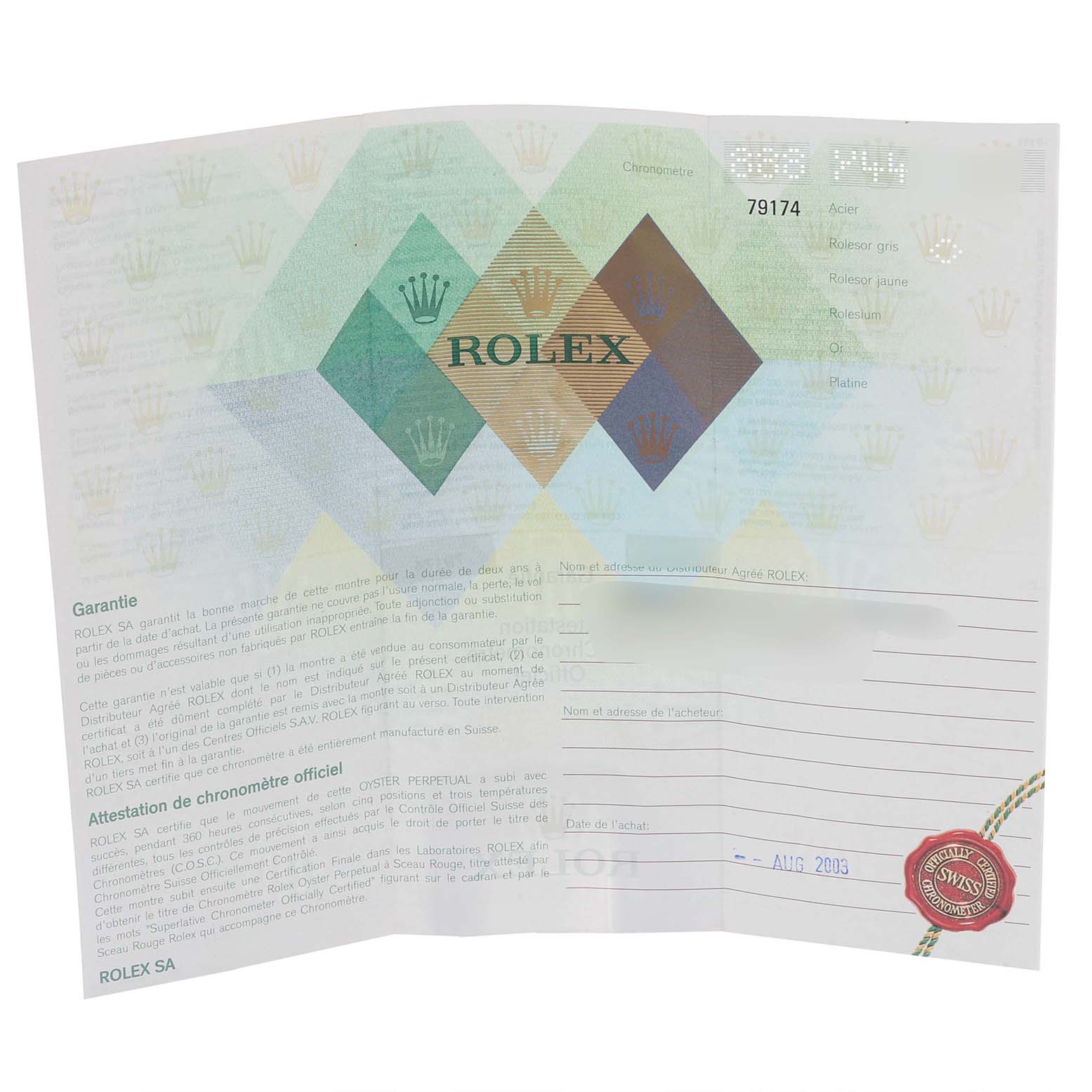 The image displays a warranty and certification document for a Rolex Datejust 79174 Women's Stainless Steel Silver Dial 79174 Women's Stainless Steel Silver Dial watch.
