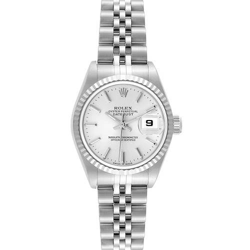 This is a front view of a Rolex Datejust 79174 Women's Stainless Steel Silver Dial 79174 Women's Stainless Steel Silver Dial watch, showing the dial, fluted bezel, and Jubilee bracelet.