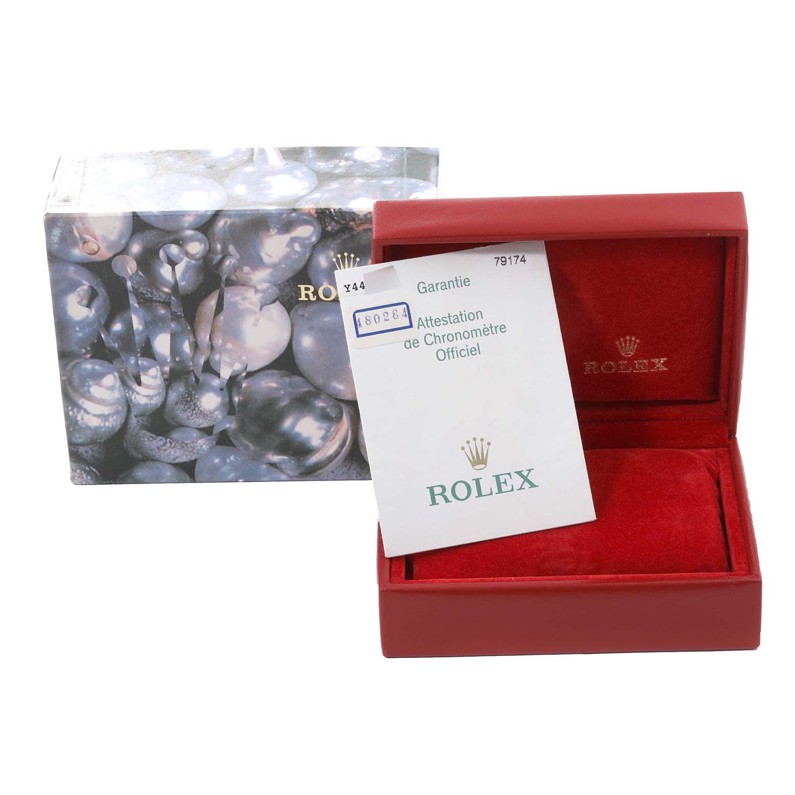 The image shows the packaging and warranty card for a Rolex Datejust 79174 Women's Stainless Steel Silver Dial 79174 Women's Stainless Steel Silver Dial watch, with the box partially open.
