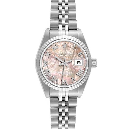 The Rolex Datejust 79147 Women's Stainless Steel Mother of Pearl Dial 79147 Women's Stainless Steel Mother of Pearl Dial watch is shown from a top-down angle, highlighting its face, bezel, bracelet, and crown.