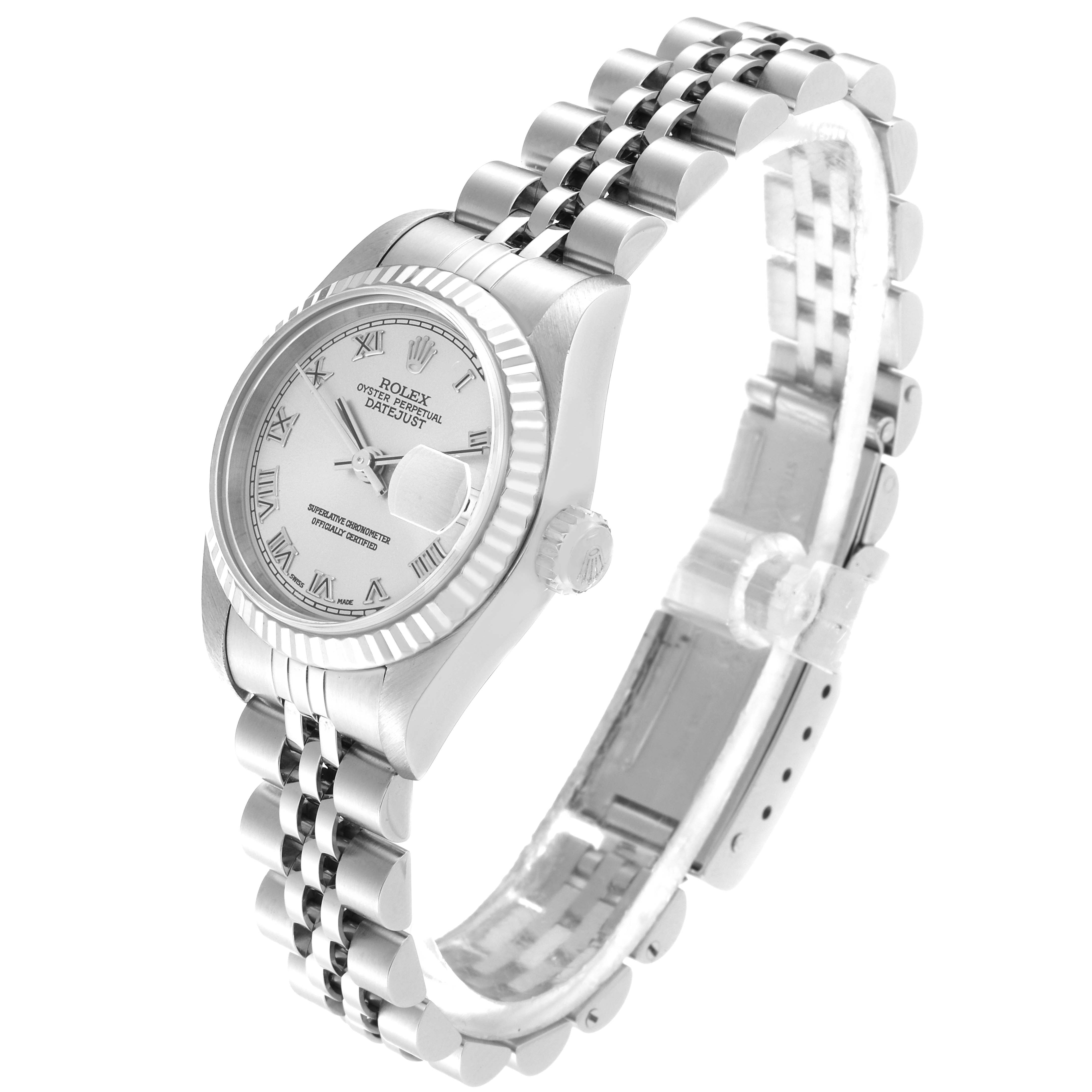 The image shows a Rolex Datejust 79174 Women's Stainless Steel Silver Dial 79174 Women's Stainless Steel Silver Dial watch with a side and top angle view, displaying the case, bezel, dial, and bracelet.
