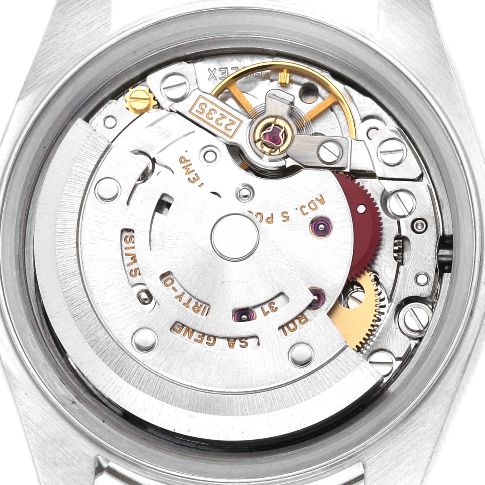 The image shows the internal mechanism and movement of a Rolex Datejust 79174 Women's Stainless Steel Silver Dial 79174 Women's Stainless Steel Silver Dial watch taken from a back view angle.
