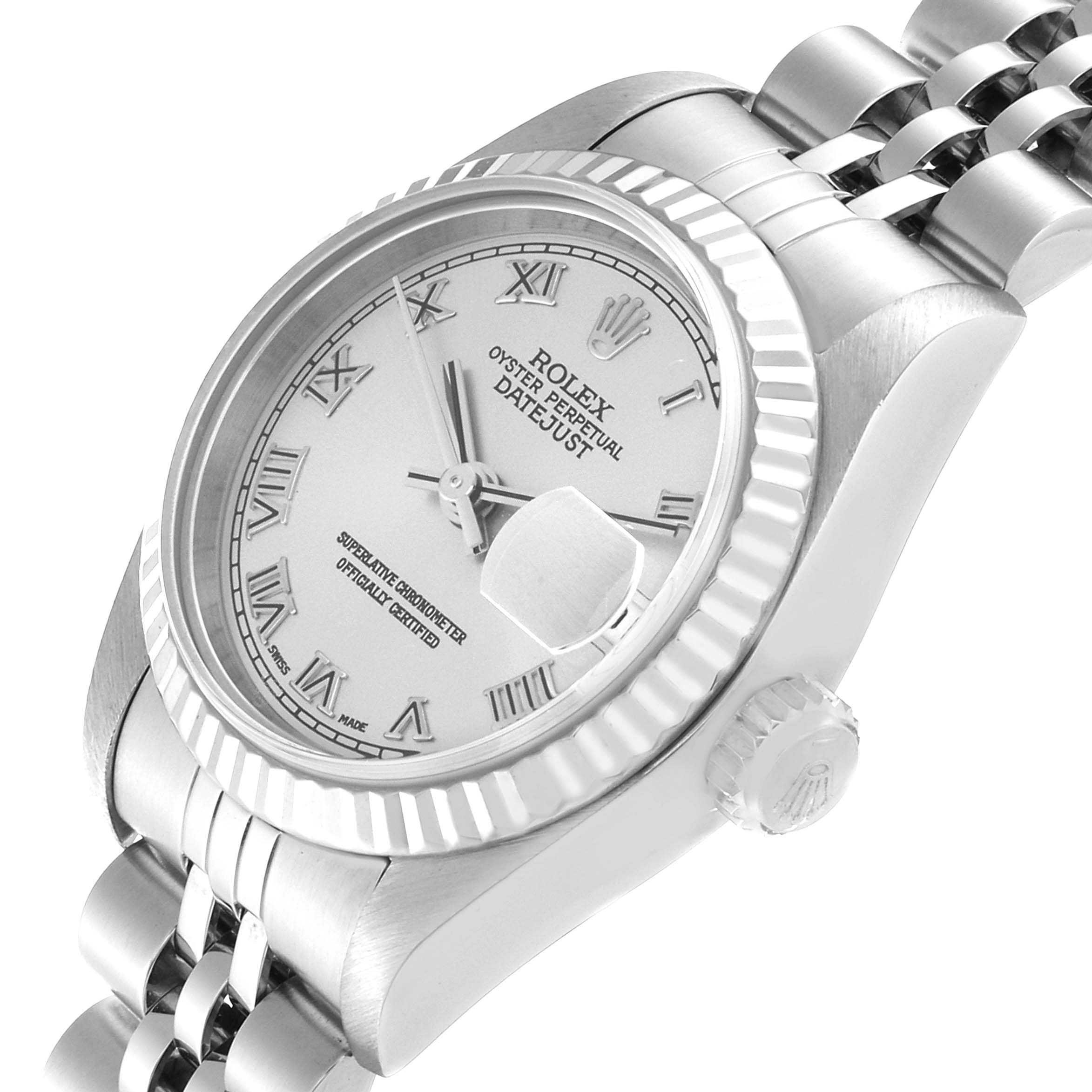 The image shows a side and slight top angle of the Rolex Datejust 79174 Women's Stainless Steel Silver Dial 79174 Women's Stainless Steel Silver Dial watch, displaying the dial, bezel, crown, and part of the bracelet.