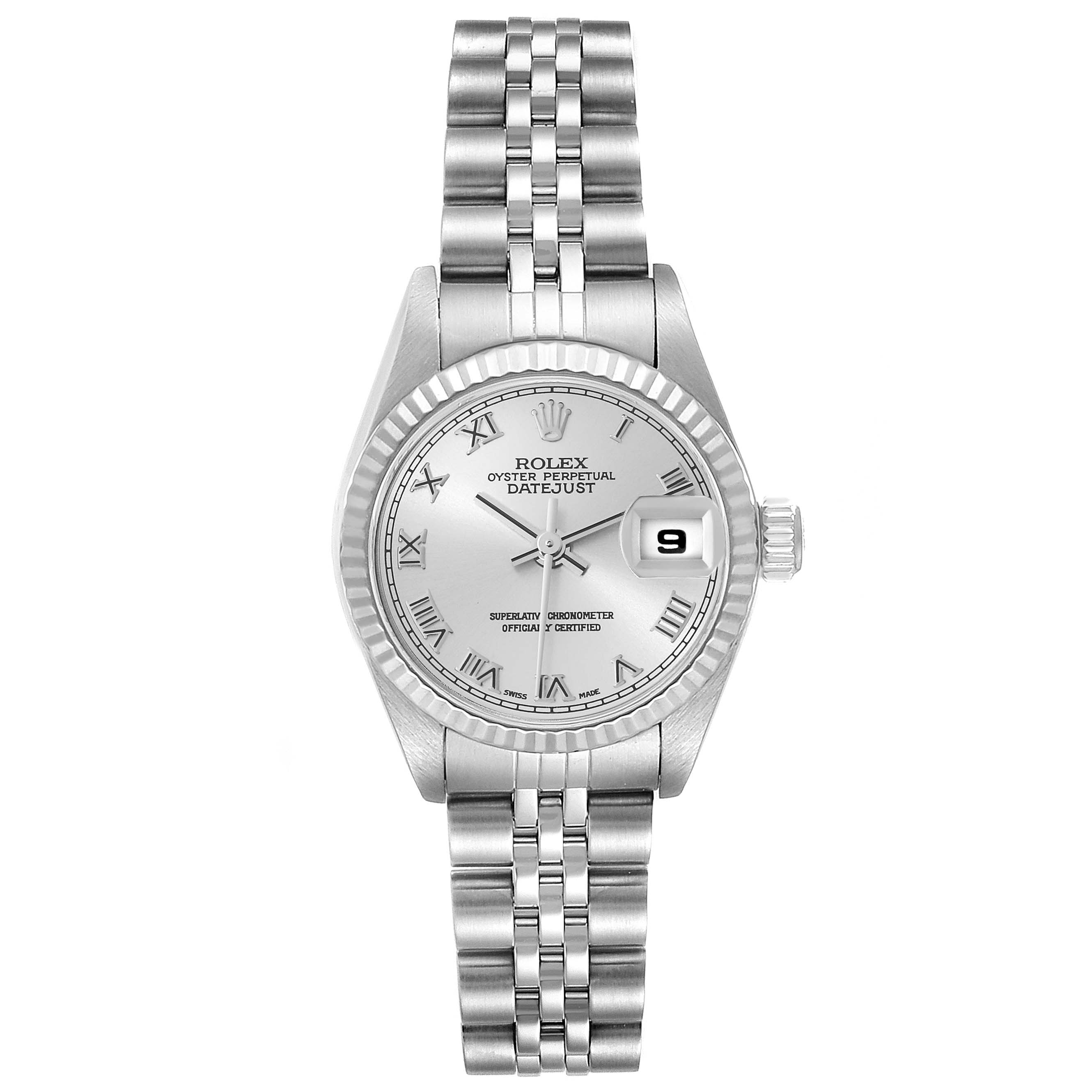 This Rolex Datejust 79174 Women's Stainless Steel Silver Dial 79174 Women's Stainless Steel Silver Dial watch is shown from a top-down angle, displaying the dial, bracelet, and crown.