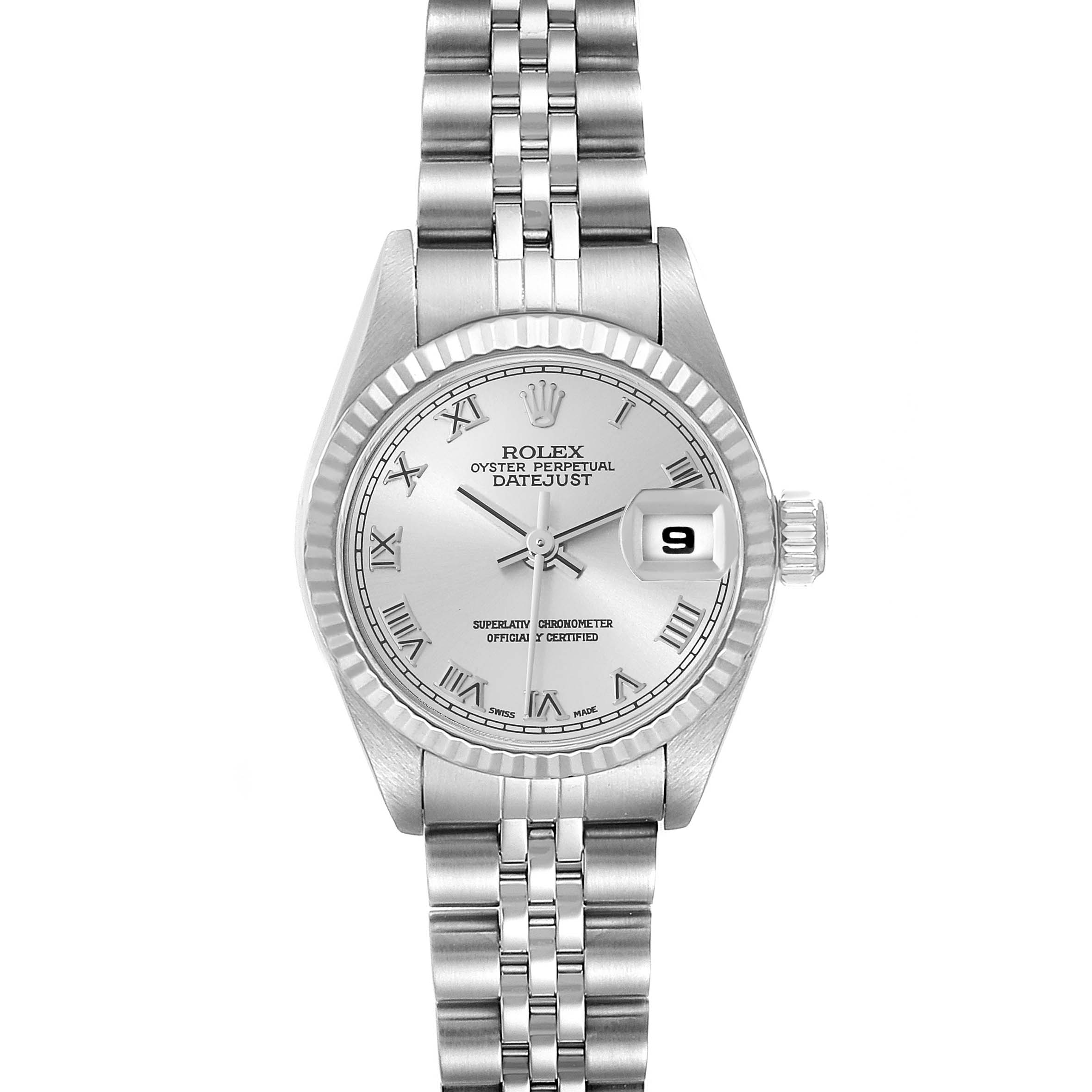The image shows a front-facing view of a Rolex Datejust 79174 Women's Stainless Steel Silver Dial 79174 Women's Stainless Steel Silver Dial watch, focusing on the dial, bezel, and bracelet.