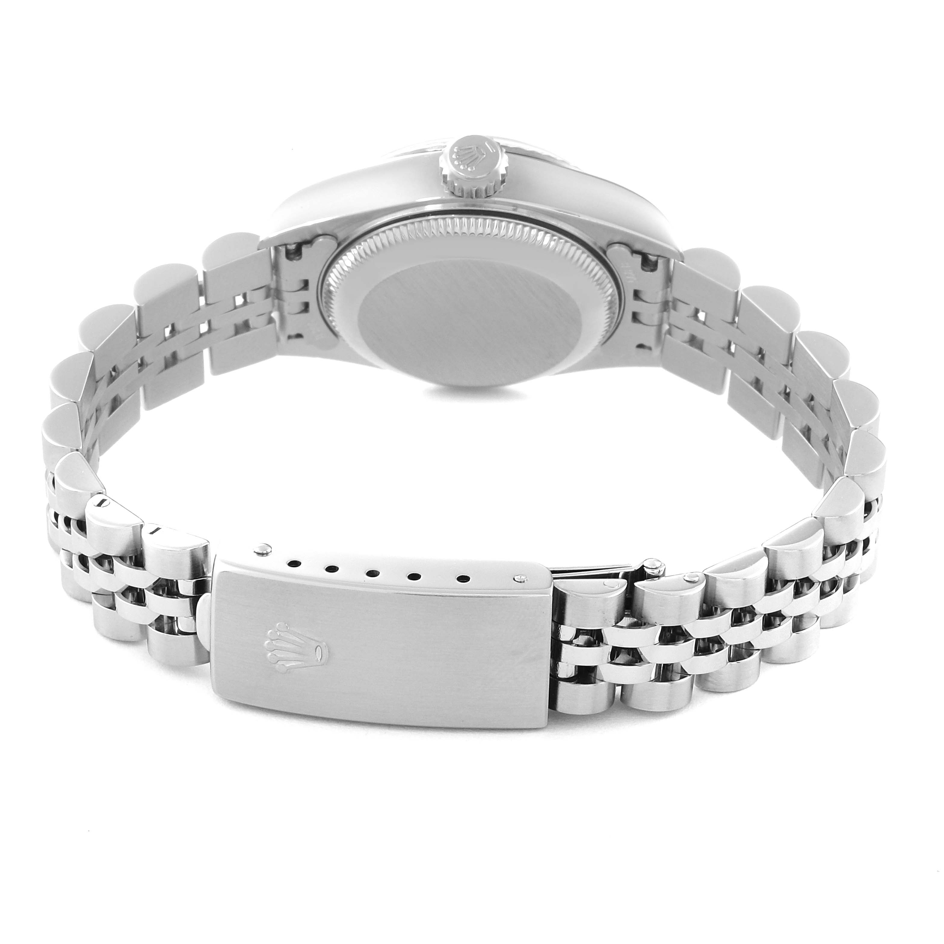The image shows the back and bracelet of a Rolex Datejust 79174 Women's Stainless Steel Silver Dial 79174 Women's Stainless Steel Silver Dial watch.