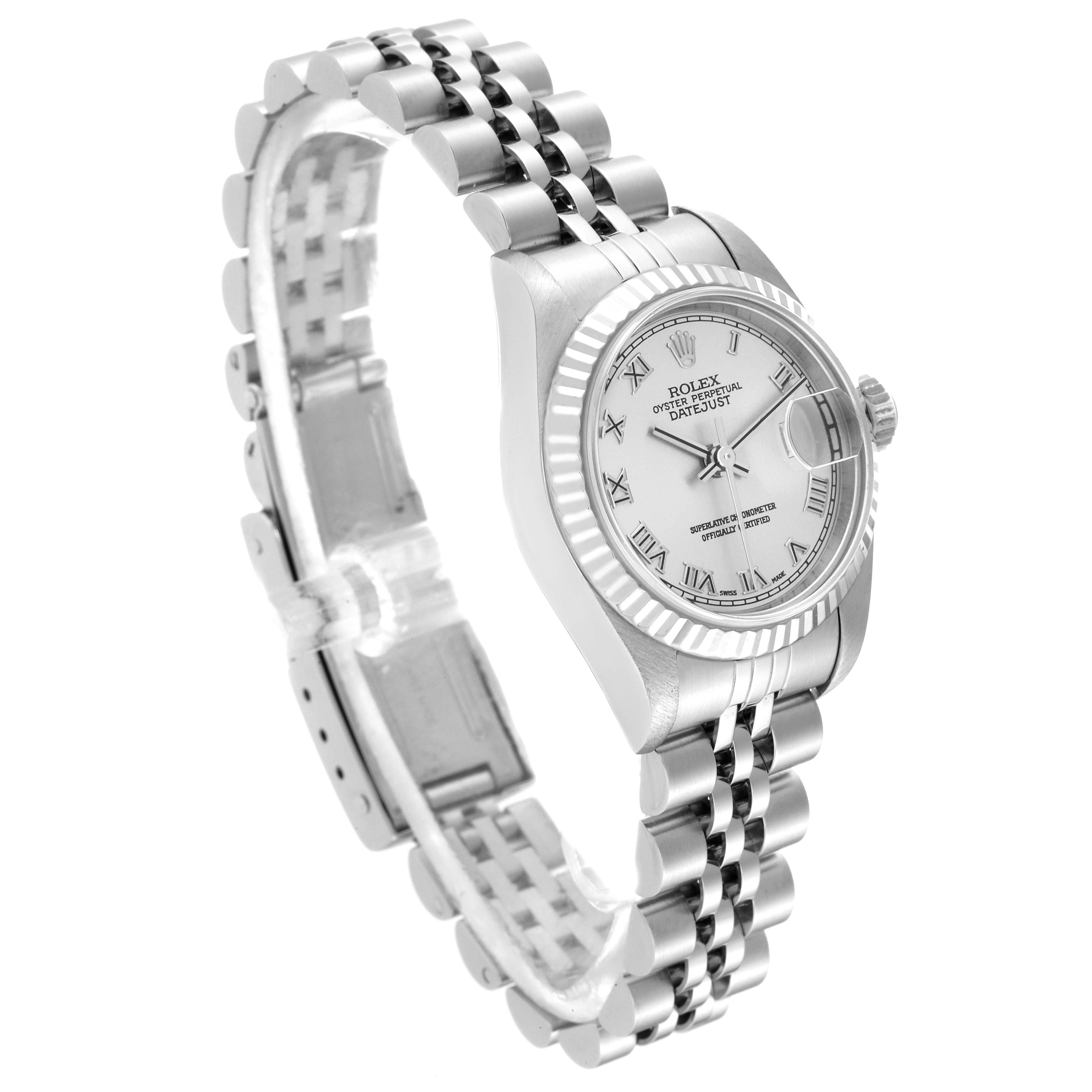 The image shows a Rolex Datejust 79174 Women's Stainless Steel Silver Dial 79174 Women's Stainless Steel Silver Dial watch at a three-quarter angle, highlighting the case, dial, bracelet, and clasp.