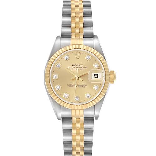 The Rolex Datejust 79173 Women's Steel and Gold (two tone) Champagne Dial 79173 Women's Steel and Gold (two tone) Champagne Dial watch is shown from a top-down angle, displaying its gold bezel, dial, date window, and two-tone bracelet.