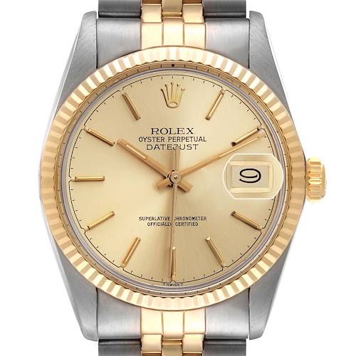The Rolex Datejust 16013 Men's Steel and Gold (two tone) Champagne Dial 16013 Men's Steel and Gold (two tone) Champagne Dial watch is shown from a front angle, highlighting the dial, bezel, crown, and part of the bracelet.