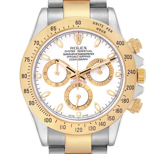 The image shows a Rolex Daytona 116523 Men's Steel and Gold (two tone) White Dial 116523 Men's Steel and Gold (two tone) White Dial watch from a top-down angle, highlighting the gold bezel, white dial, and chronograph subdials.