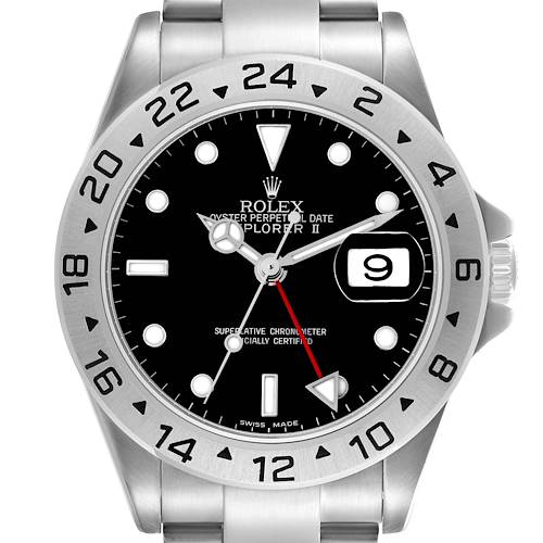 The Rolex Explorer 16570 Men's Stainless Steel Black Dial 16570 Men's Stainless Steel Black Dial watch is shown from the front, displaying its dial, bezel, hands, date window, and part of the bracelet.