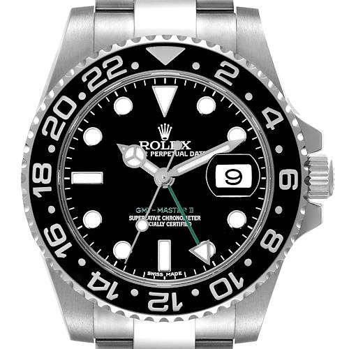The image shows a front view of the Rolex GMT-Master 116710 Men's Stainless Steel Black Dial 116710 Men's Stainless Steel Black Dial II watch, highlighting the dial, bezel, and part of the bracelet.