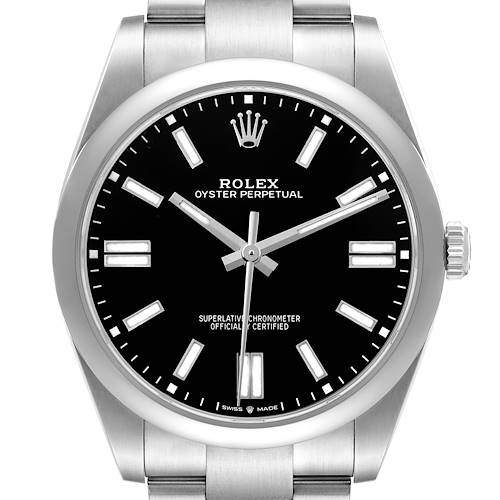 The Rolex Oyster Perpetual 124300 Men's Stainless Steel Black Dial 124300 Men's Stainless Steel Black Dial watch is shown from a frontal angle, displaying its black dial, silver markers, hands, and part of the bracelet.